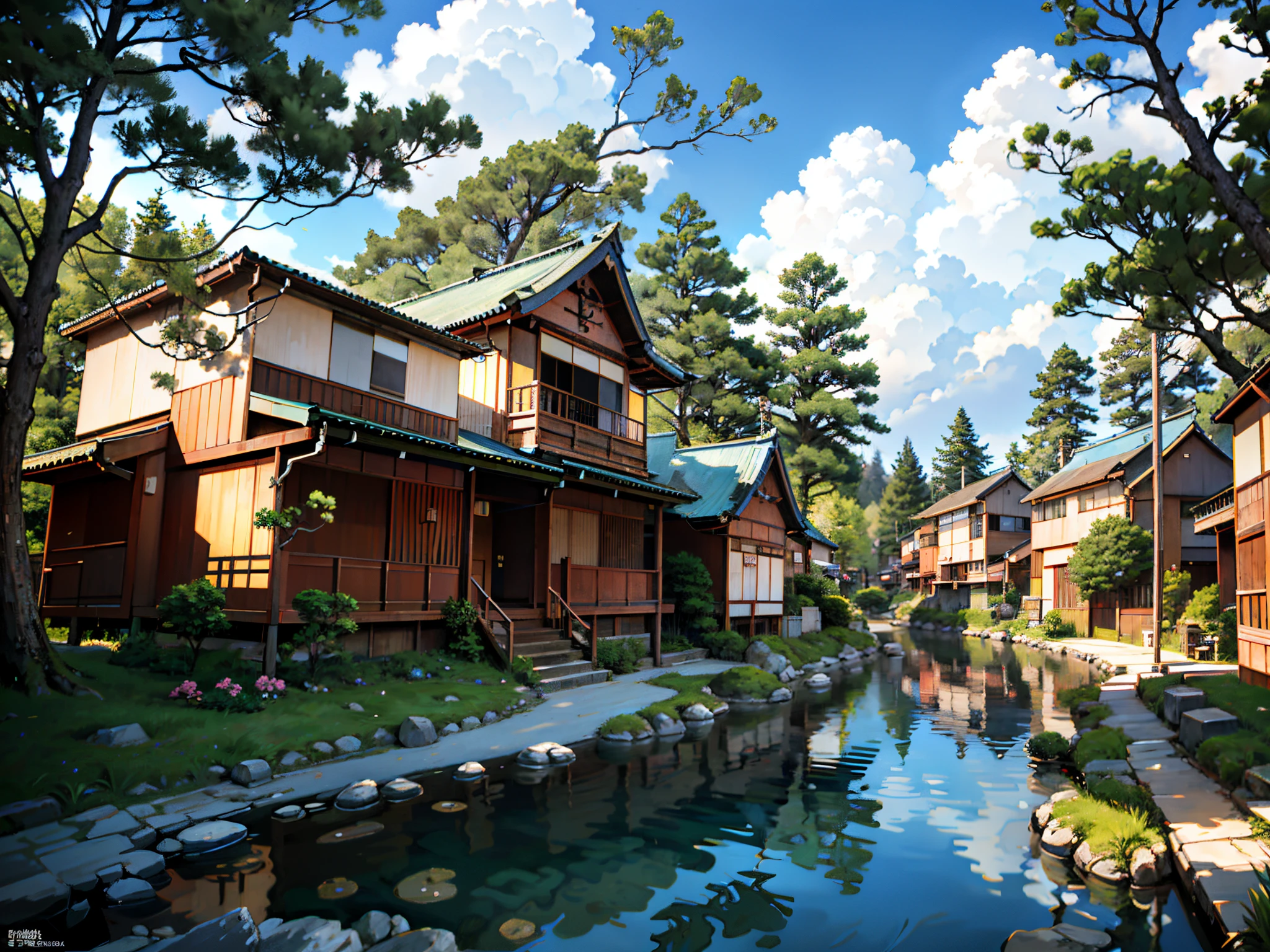 (Japanese town Landscape), (Hayao Miyazaki Style), cartoon, japanese townhouse, road, bend, small house, tree, pole, white cloud, landscape, outdoor, green trees, epic composition, realistic lighting, high-definition detail, masterpiece, the best quality, (very detailed CG unified 8k wallpaper), --v6