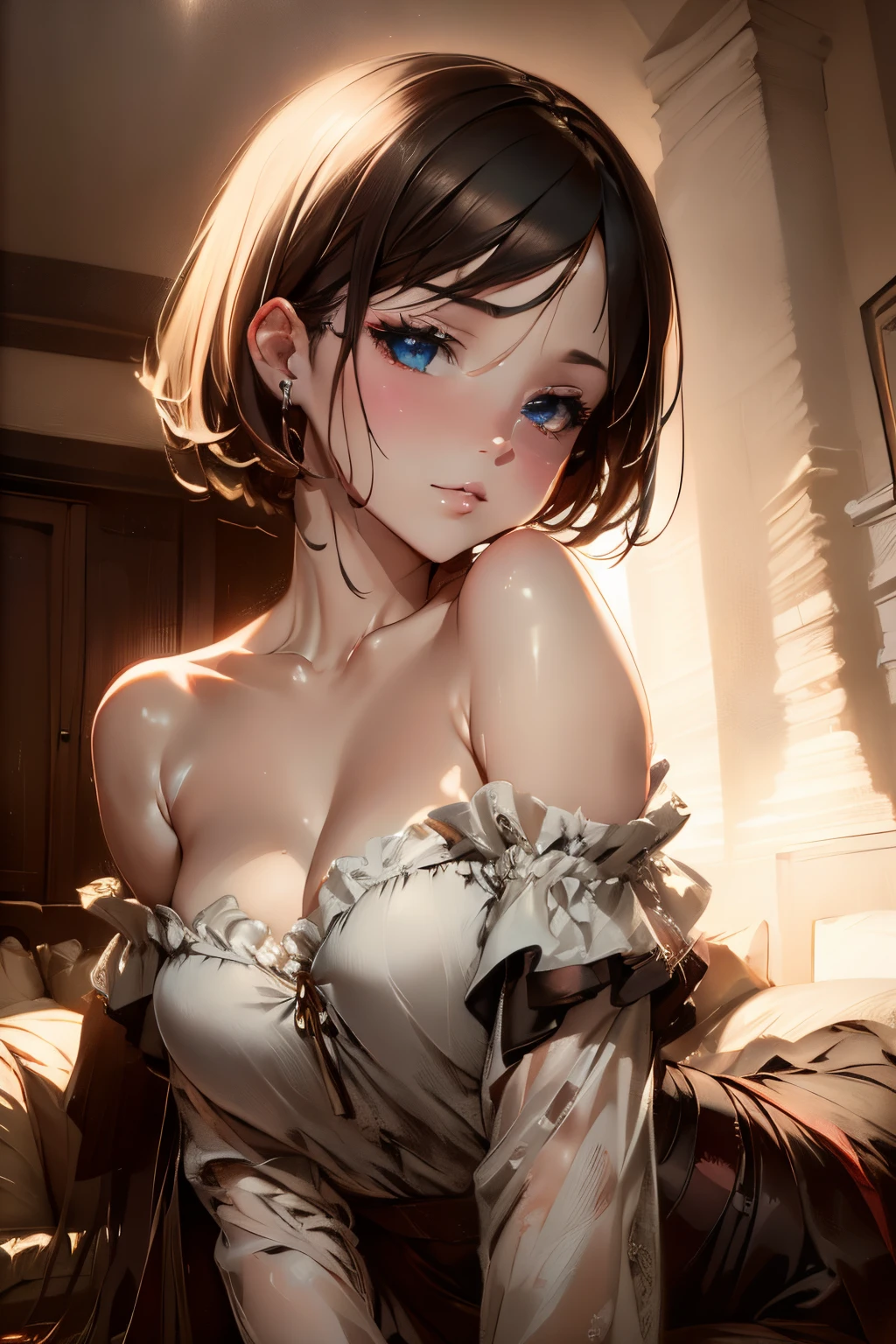 (Best Quality, masutepiece:1.2, 超A high resolution, Realistic:1.5), Raw photo, 1girl in, Off-shoulder, In the Dark, Deep Shadows, low key lighting, Cool color tones, a captivating gaze, Short hair, foggy atmosphere, mystic atmosphere, subtle highlights, dramatic contrasts, Elegant Pose, intense emotion, ethereal beauty, Enchanting darkness, enticing expression