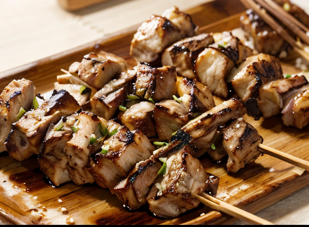 Japaneese Skewers, yakitori, grilled chicken meat skewers, spring onion on top, sesame seed on top