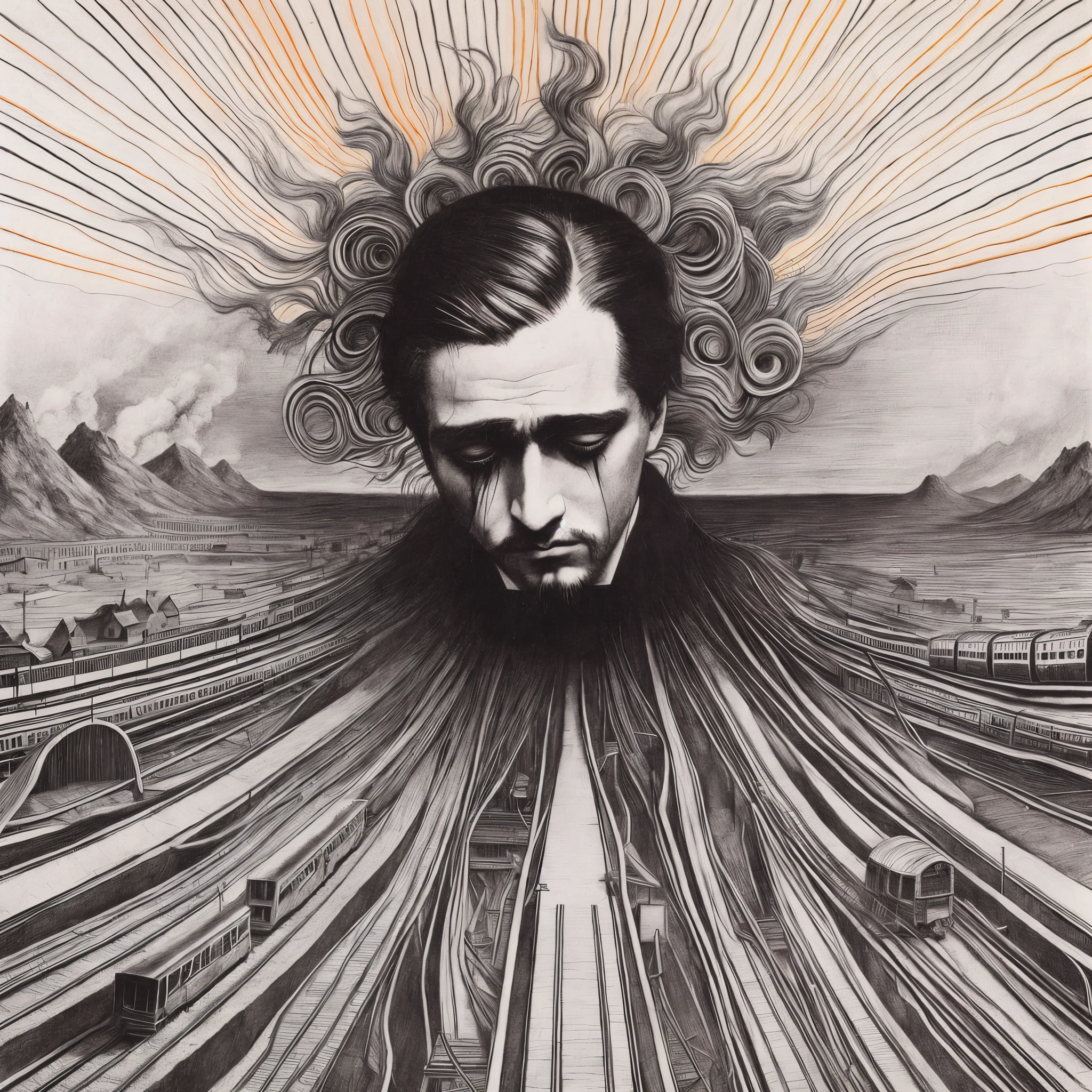 Rough drawing of a man with hair and railroad tracks, dramatic artwork, remedios varo y salvador dali, edvard escher kuhl, Zdzislaw Beksiński, by Rudolf Hausner, Zdzislaw Beksiński, M.C Escher, escher, escher