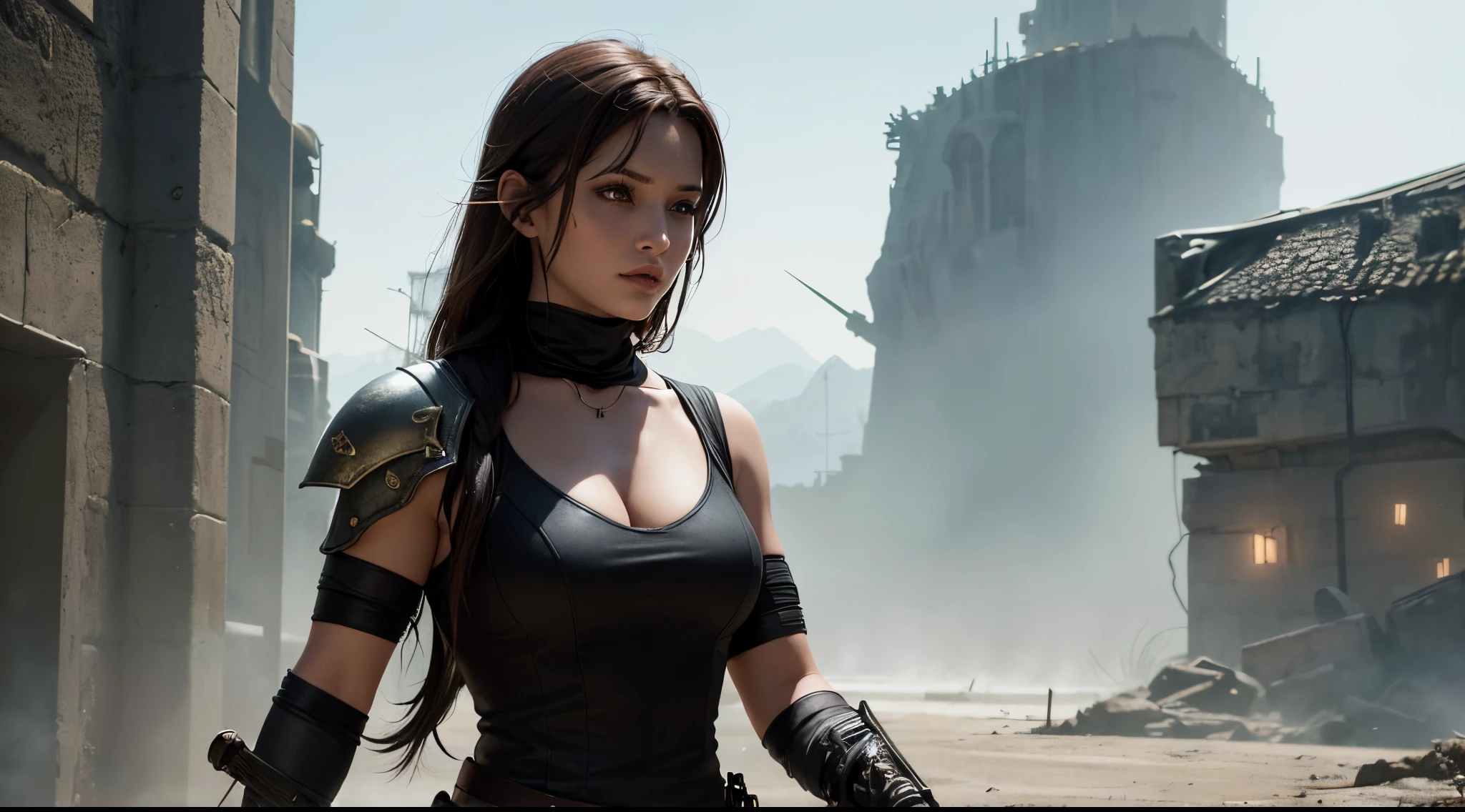 medium shot of a woman in a dark dress with sword, Lara croft medieval ranger, beautiful female warrior, fashionable RPG clothing, warrior outfit, seductive cyberpunk dark fantasy, mighty princess of the wasteland, fantasy style clothing, post apocalyptic style, female warrior, adult female warrior, only one person