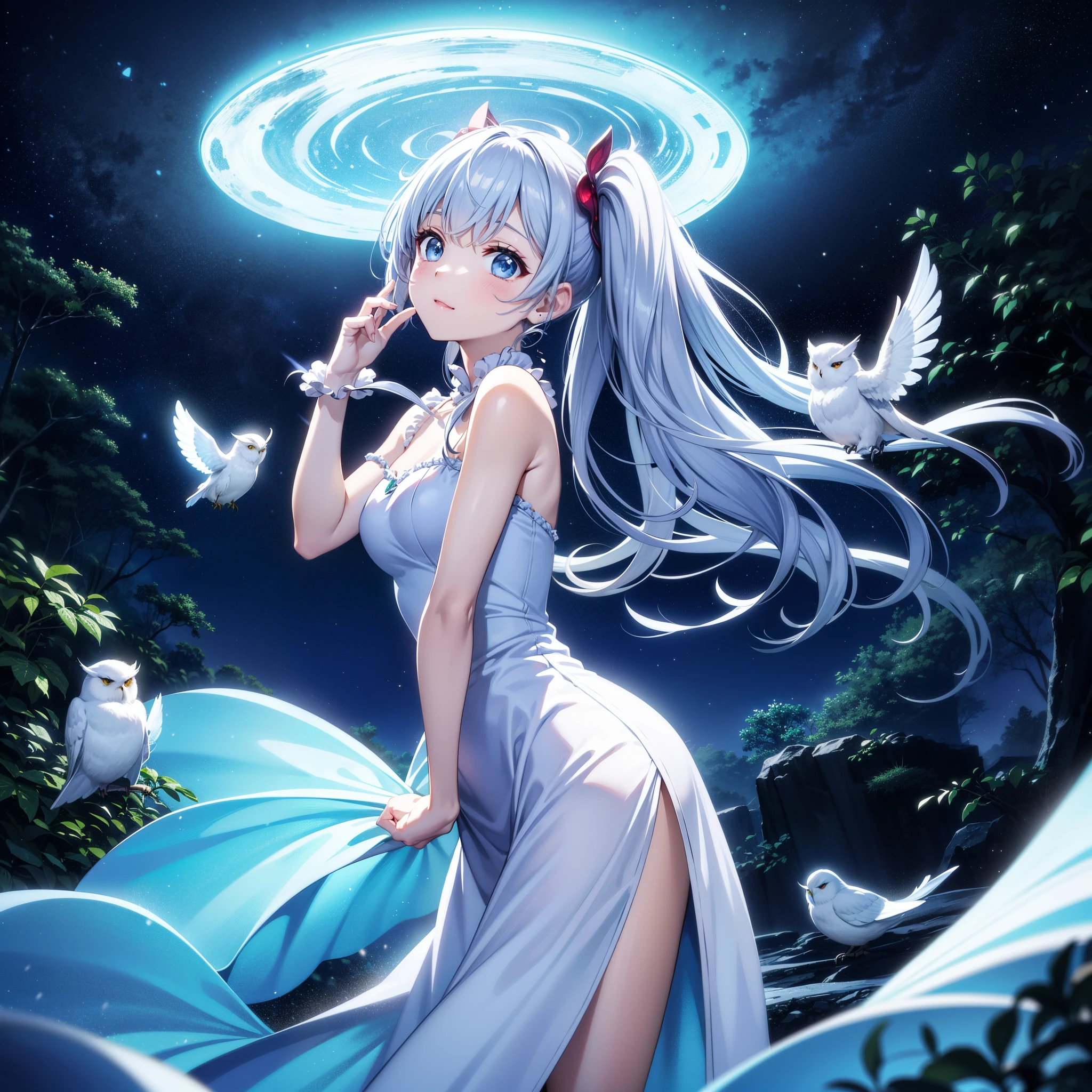 ((ultra-detailliert)), ((Best Illustration)), ((Movie Lighting)), Dynamic Angle, floating, Fine, (The Flash: 1.2), (shine: 1.2), (shine: 1.2), "(Best Quality), Super detailed depiction of a beautiful girl, Light blue long hair、Twin-tailed、 Fantastic background、Fantasia、Fairy World、In the colorful forest、Surrounded by snow-white owls and vivid vegetation、cinematic colors、Refreshing, Starry sky、Dazzling moonlight
