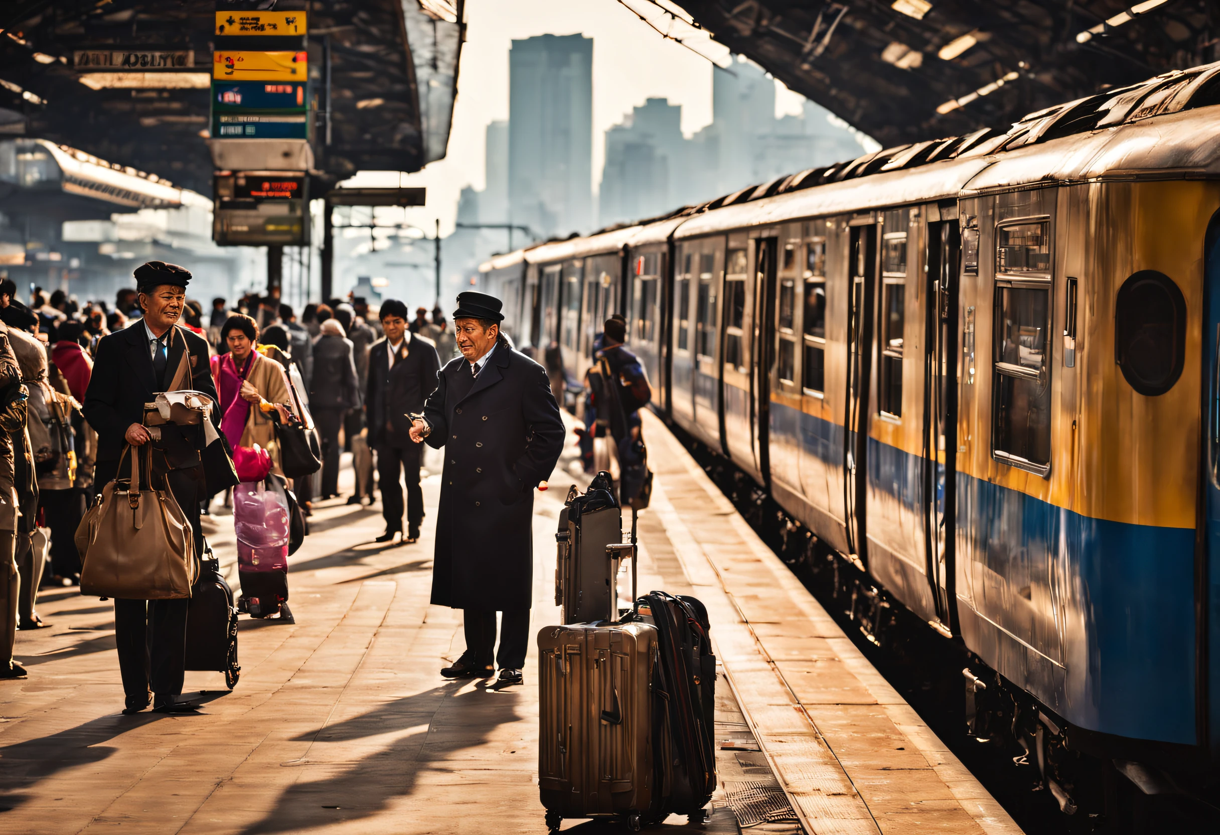 (a train stopped at a station),vibrant colors,sunlight streaming through the windows,crowded platform,passengers waiting anxiously,dirty tracks,flashing departure sign,station clock ticking,bricks and concrete,pigeons perching on the roof,ticket machines,black locomotive engine,hissing steam,detailed train carriages,people rushing to catch their trains,rusty railroad tracks,announcement speakers echoing through the station,train conductor checking tickets,passenger's luggage,platform filled with bustling activity,station signage,train's wheels screeching,subway entrance,platform bench,train timetable,refreshment vendors,kiosks selling magazines and newspapers,clean platform floor,distant city skyline