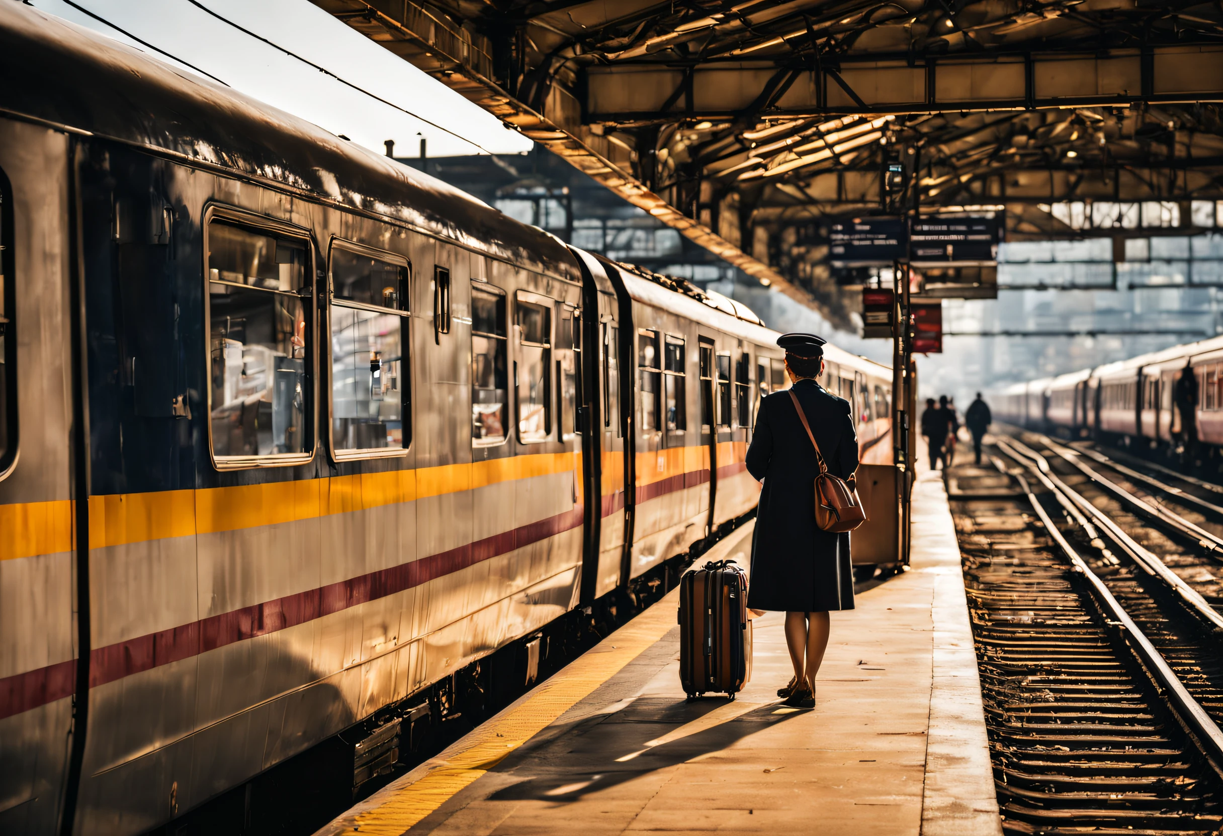 (a train stopped at a station),vibrant colors,sunlight streaming through the windows,crowded platform,passengers waiting anxiously,dirty tracks,flashing departure sign,station clock ticking,bricks and concrete,pigeons perching on the roof,ticket machines,black locomotive engine,hissing steam,detailed train carriages,people rushing to catch their trains,rusty railroad tracks,announcement speakers echoing through the station,train conductor checking tickets,passenger's luggage,platform filled with bustling activity,station signage,train's wheels screeching,subway entrance,platform bench,train timetable,refreshment vendors,kiosks selling magazines and newspapers,clean platform floor,distant city skyline