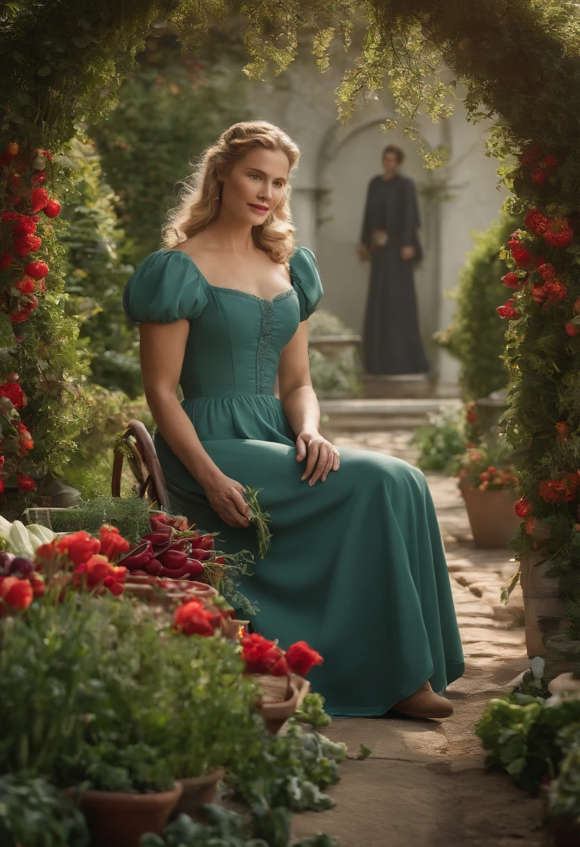 An image of Serena in a Gilead garden, carefully tending to rows of flourishing herbs and vegetables,The Handmaid's Tale,Serena Joy, a pivotal character in “The Handmaid’s Tale,” exudes a composed and elegant demeanor, her appearance characterized by the traditional, modest attire mandated for wives in Gilead, often in shades of teal. Her poised exterior, with meticulously styled hair and a stern yet beautiful face, belies the complexity and turmoil beneath.