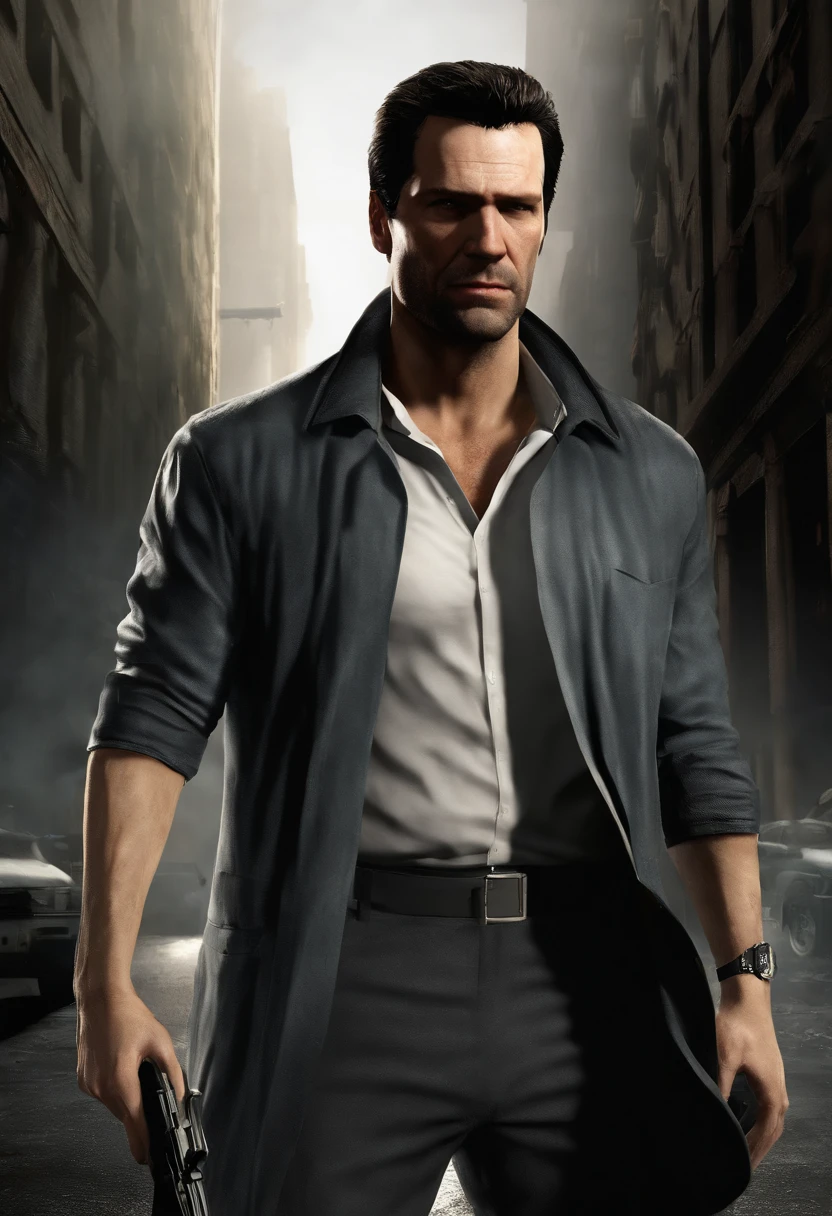 A photo of Max Payne walking through a deserted alley, with the morning sunlight casting long shadows behind him.,Max Payne 3,Max's appearance can be described as follows:

Max Payne is a middle-aged man with a rugged and weathered appearance. He has a strong and muscular build, reflecting his background as a former police officer and skilled marksman. Max stands at an average height and has a slightly hunched posture, which adds to his weary and worn-out demeanor.

His most notable feature is his dark, unkempt hair, which is usually styled in a messy manner. Max has short hair that is mostly black, with a slight hint of gray, suggesting the toll that his experiences have taken on him. He often has a five o'clock shadow, further reinforcing his gritty and tired look.

Max's face bears the scars of his troubled life. He has a strong jawline and deep-set, piercing blue eyes that reflect a mix of determination and sorrow. His eyes often appear bloodshot, hinting at his sleepless nights and constant battles with inner demons. Max has prominent cheekbones, which lend a sharpness to his features, and his facial expression is often grim or pained.

He typically dresses in a dark and practical manner, reflecting his no-nonsense approach to life. Max is often seen wearing a black leather jacket, which has become an iconic part of his attire. Underneath the jacket, he usually wears a plain dark-colored shirt or a white undershirt. He pairs this with dark trousers and sturdy black boots, suitable for the intense action and combat he encounters.

Max Payne's overall appearance exudes a sense of world-weariness and a touch of noir. His disheveled hair, tired eyes, and rugged attire reflect the turbulence he has experienced and the dark path he walks in his relentless pursuit of justice and redemption.

Max Payne has a distinctive facial structure with pronounced cheekbones and a strong jawline. His face often appears tense and serious, with a deep furrow between his eyebrows. The lines around his eyes and mouth show the traces of sorrow, pain, and stress that have marked his life.

His eyes are characterized by an intense ice-blue color, creating a striking contrast against his dark hair. His gaze is usually serious and determined, but also tinged with sadness and melancholy. His piercing stare conveys a sense of intensity and resolution.

Max often wears a distinctive expression marked by anger and rage. His jaw is often clenched, and his lips are often pressed into a thin line, reflecting his determination and suffering.

Regarding his clothing, Max Payne's style is practical and functional. He typically wears dark, worn-out attire that allows him freedom of movement and suits his dark character. Along with his iconic black leather jacket, he often wears a plaid shirt or a plain t-shirt underneath. His pants are usually dark or black, emphasizing the somber tone of his story. He completes his look with sturdy black boots, conveying both stability and a rugged edge.

Max Payne's overall appearance is characterized by a blend of strength and vulnerability. His tired and weathered look reflects the heavy emotional burdens he carries, while his determined countenance and piercing gaze demonstrate his persistence and desire for revenge and justice.