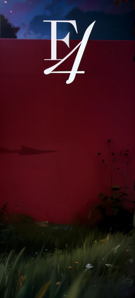 Red wall on green grass and purple sky