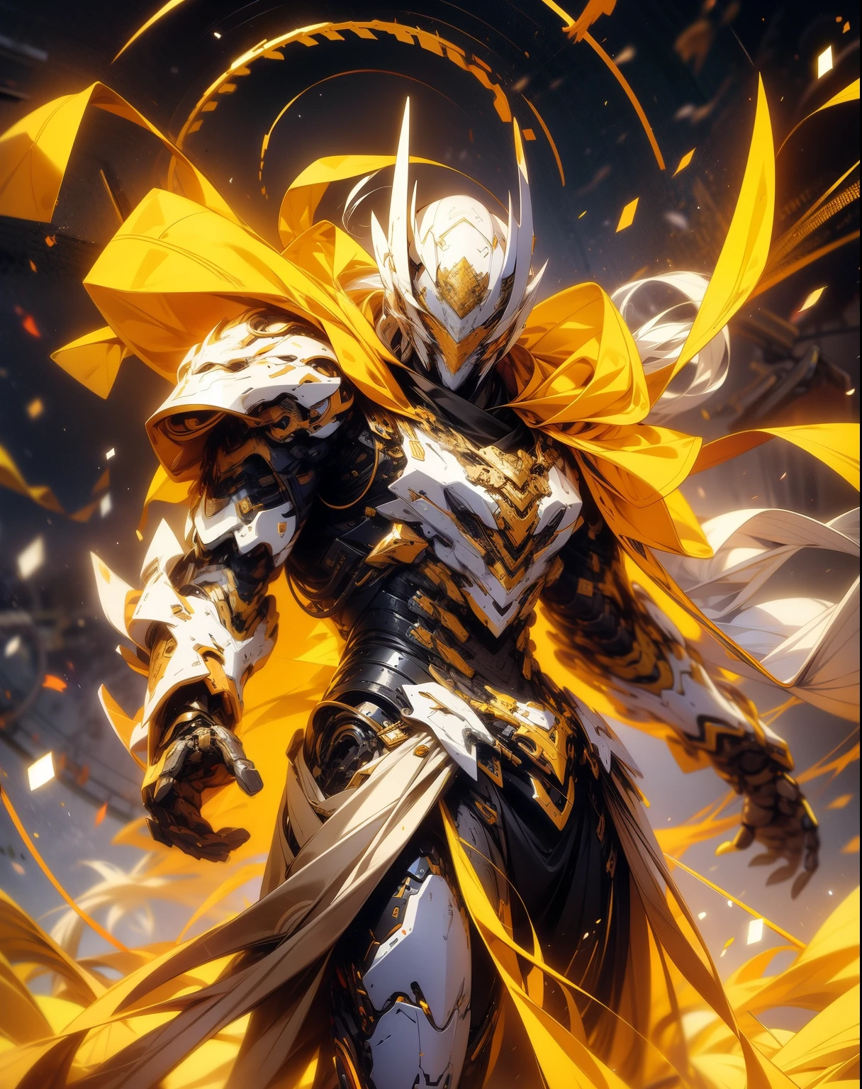 super wide shot, Full body frontal photo,Mecha male warrior, Jade Emperor style,《The mech colors are gold and silver-white》,(《Holding the Xuanyuan sword》,The sword is full of futuristic technology,),(Full body mecha), Keqing from Genshin Impact, (Masterpiece) , The best quality, High quality,Gold armor,电影灯光, (Exquisite future), Beautiful and beautiful, Ultra detailed, great composition, Floating, Depth of field, (Very detailed CG,Unity 8k壁纸), (Beautiful detail background), dramatic lights, GOGETTA, Mecha,best qualtiy,超高分辨率,