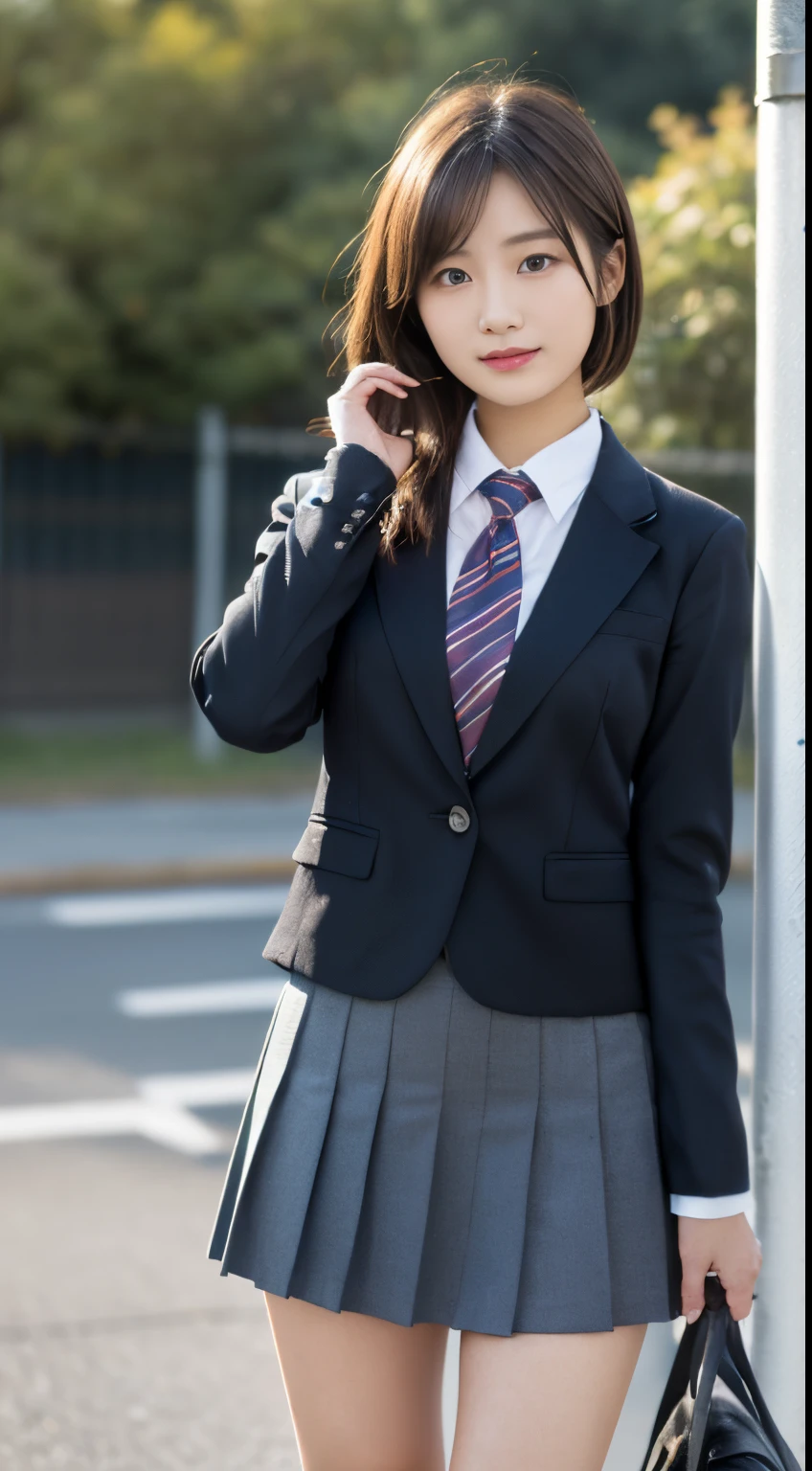 (16 K, Raw photography, Top image quality, ​masterpiece: 1.45), (realisitic, Photorealsitic: 1.37), Tall Girl, cute little, A city scape,, profetional lighting, photon maping, school classrooms, physically-based renderingt, dark brown  hair,pony tail hairstyle, Well-groomed and beautiful eyes、((二重まぶた))、Transcendent Cute Girl, (((student clothes、blazers、Long sleeve shirt worn by Japan high school girl、Ribbon Ties、Dark blue mini skirt,、Dark blue socks、Black loafers))), Top Quality Photos, hight resolution, 1080p, (clearface), (Detailed face description), (Detailed hand description), (​masterpiece), (Exquisite CG)、extreme light and shadows、dishevled hair、master work、abundant detail、(Fine facial features)、(top quality photo)、(masuter piece)、(A detailed eye)、Look in front of you、Fine clavicle、((Slender big))、(((Japan schoolgirls wear jackets and long-sleeved shirts)))、((Neat and clean idol))、((School Gate、school ground、School building in the background))、(Shooting from random perspectives)、(((cute like an idol)))、耳Nipple Ring、A smile、Drawing the whole body from the knees、Do not draw nasolabial folds、(((Sports bags used by Japan schoolgirls)))、(Big breasts that hang down big:1.2)、Big buttocks with tension、Two arms and two legs、(((from the front side:0.7)))、bare hand、(((Left and right symmetrical eyes)))、Standing Pose、Do not take the tie out of the jacket、Raise your buttocks:1.5，barebacked:1.5，