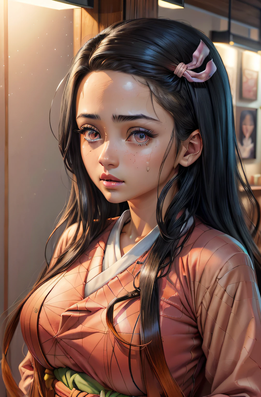 (Ultra Real), (Illustration), (High Resolution), (8K), (Very Detailed), (Best Illustration), (Beautiful Detailed Eyes), (Best Quality), (Ultra Detailed), (Masterpiece), (Wallpaper), (Detailed Face), Night Up Upper Body, Ice Cream,Long Hair,Solo,Simple Kimono Top Girl, Sweaty, Japan Person, Big Tits, (Camel Toe) Nezuko Kamado,