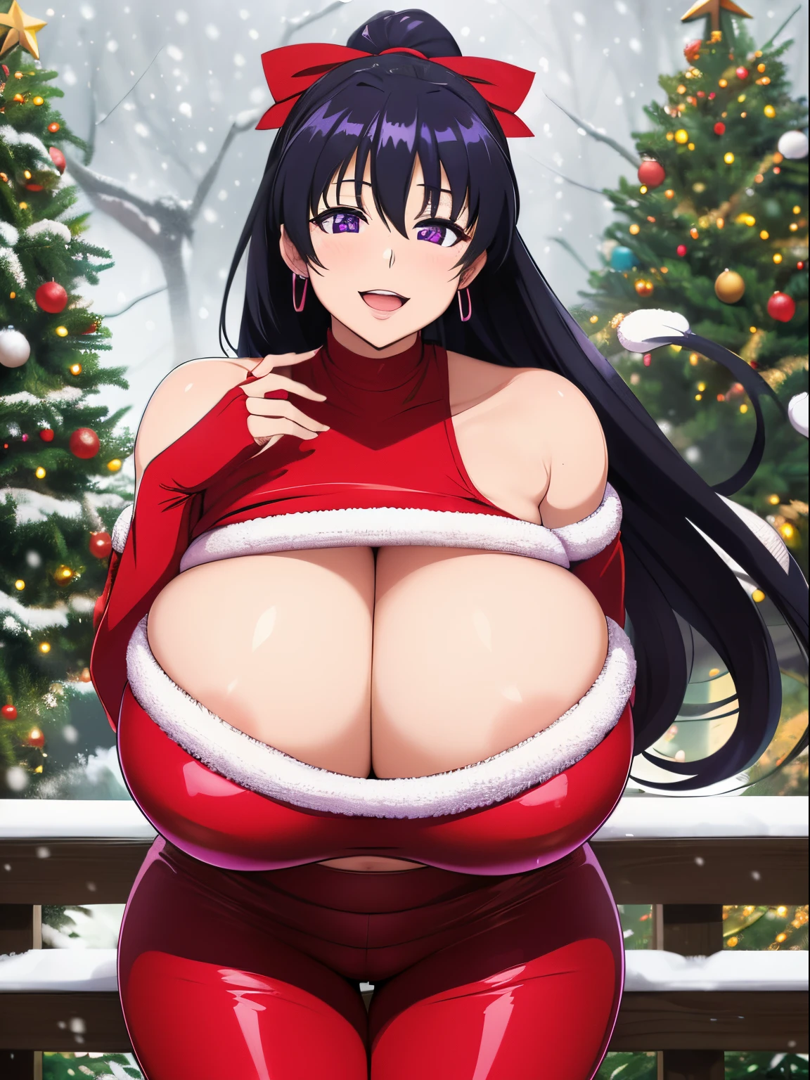 Masterpiece, high resolution, Akeno Himejima, 1girl, (((bimbo))), long black hair, purple eyes, ear rings, (((bimbo))), puffy lips, painted lips, thick lips, open mouth, smile face, wide hips, thick thighs, huge round ass, enormous natural breasts, Christmas outfit, Christmas, Christmas top, Christmas pants, woods, snowing