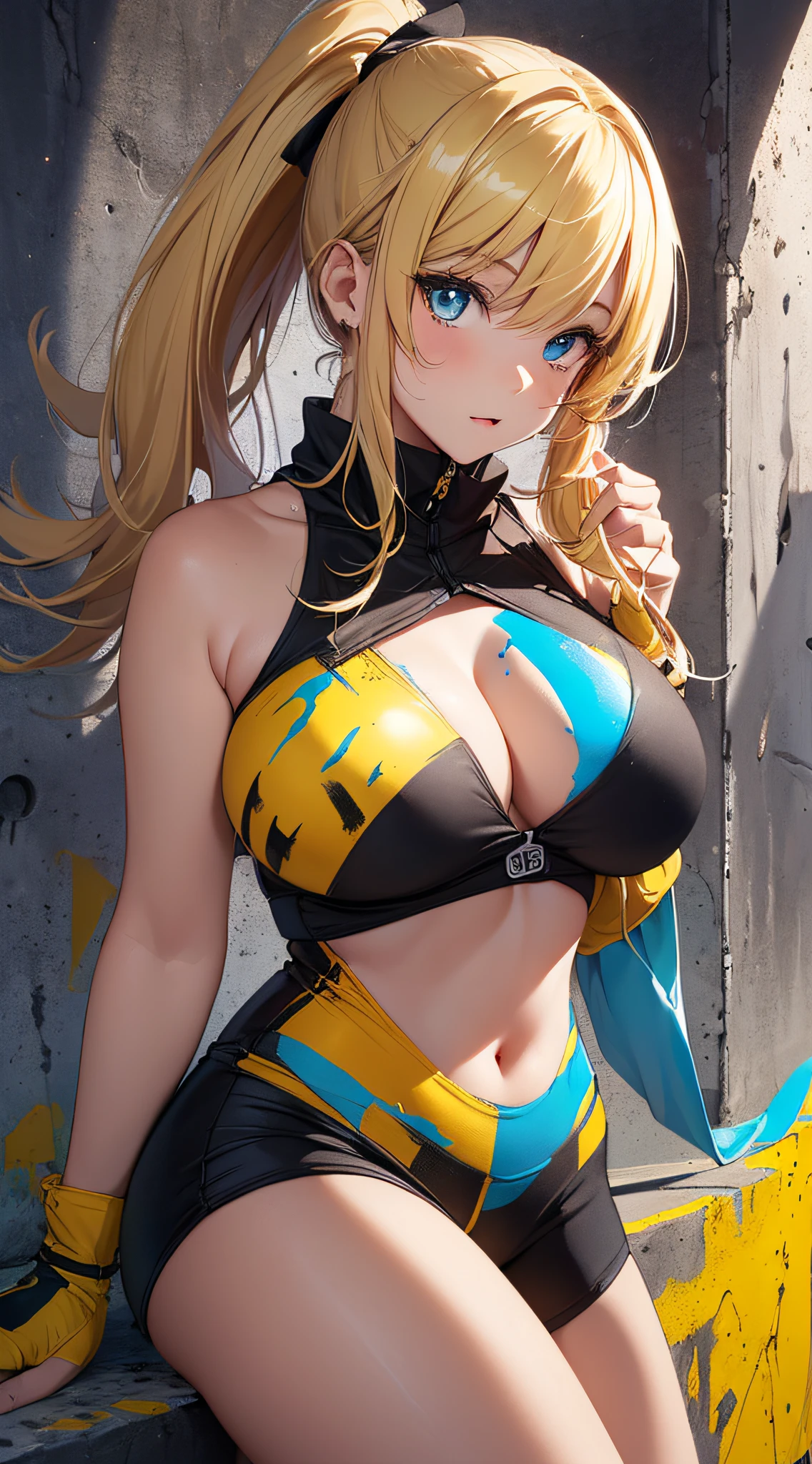 top-quality、Top image quality、masterpiece、girl with((18year old、Best Bust、big bast,Beautiful blue eyes、Breasts wide open, Blonde ponytail、A slender,Large valleys、Black jersey、Sleeveless、Hachimaki、full body paint))hiquality、Beautiful Art、Background with((Concrete walls、yellow paint、red paint、Blue paint、animal doodle)))、,masutepiece、visualart、depth of fields、