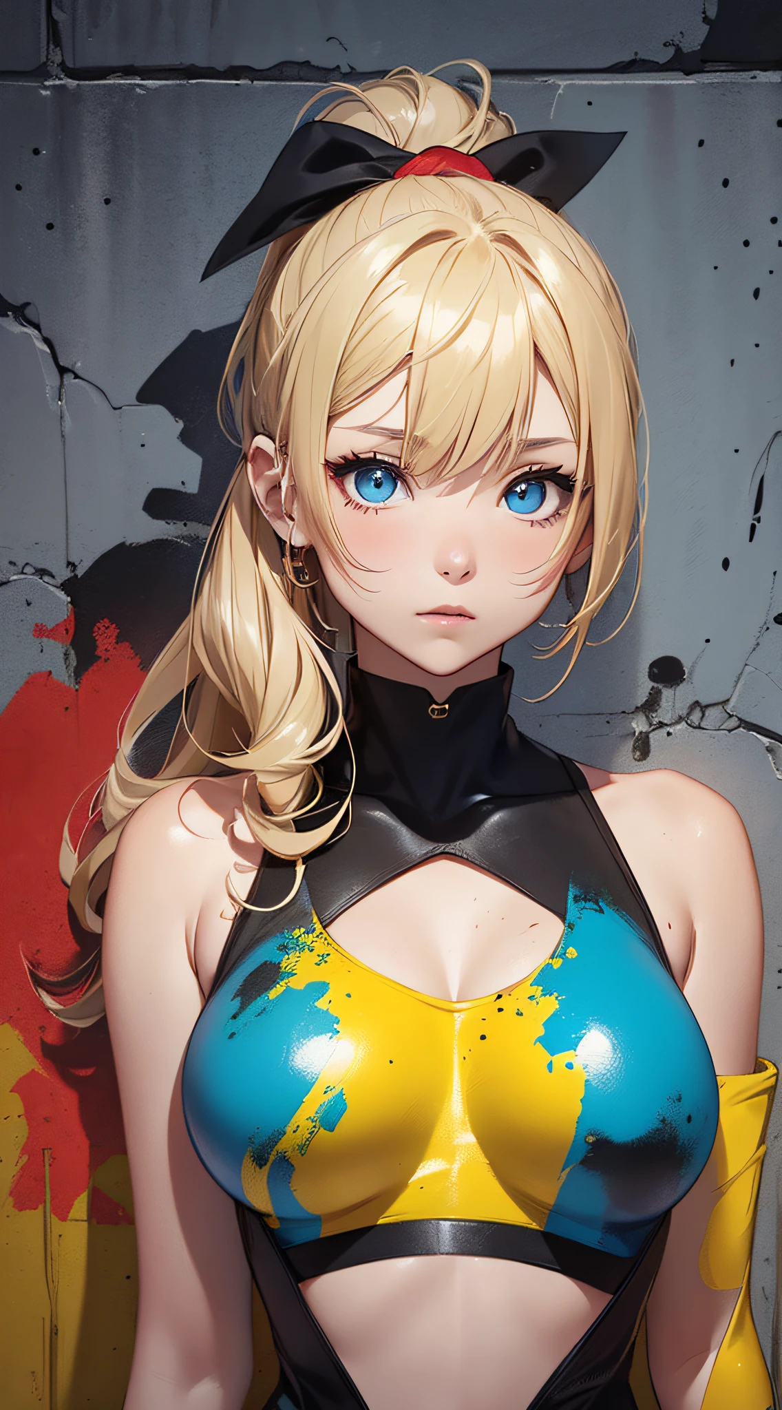 top-quality、Top image quality、​masterpiece、girl with((18year old、Best Bust、big bast,Beautiful blue eyes、Breasts wide open, Blonde ponytail、A slender,Large valleys、Black jersey、Sleeveless、Hachimaki、full body paint)）hiquality、Beautiful Art、Background with((Concrete walls、yellow paint、red paint、Blue paint、animal doodle)))、,masutepiece、visualart、depth of fields、