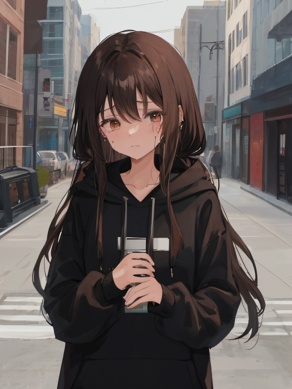 Girl, black hoodie, long brown hair, crying,depressed, sad atmopshere