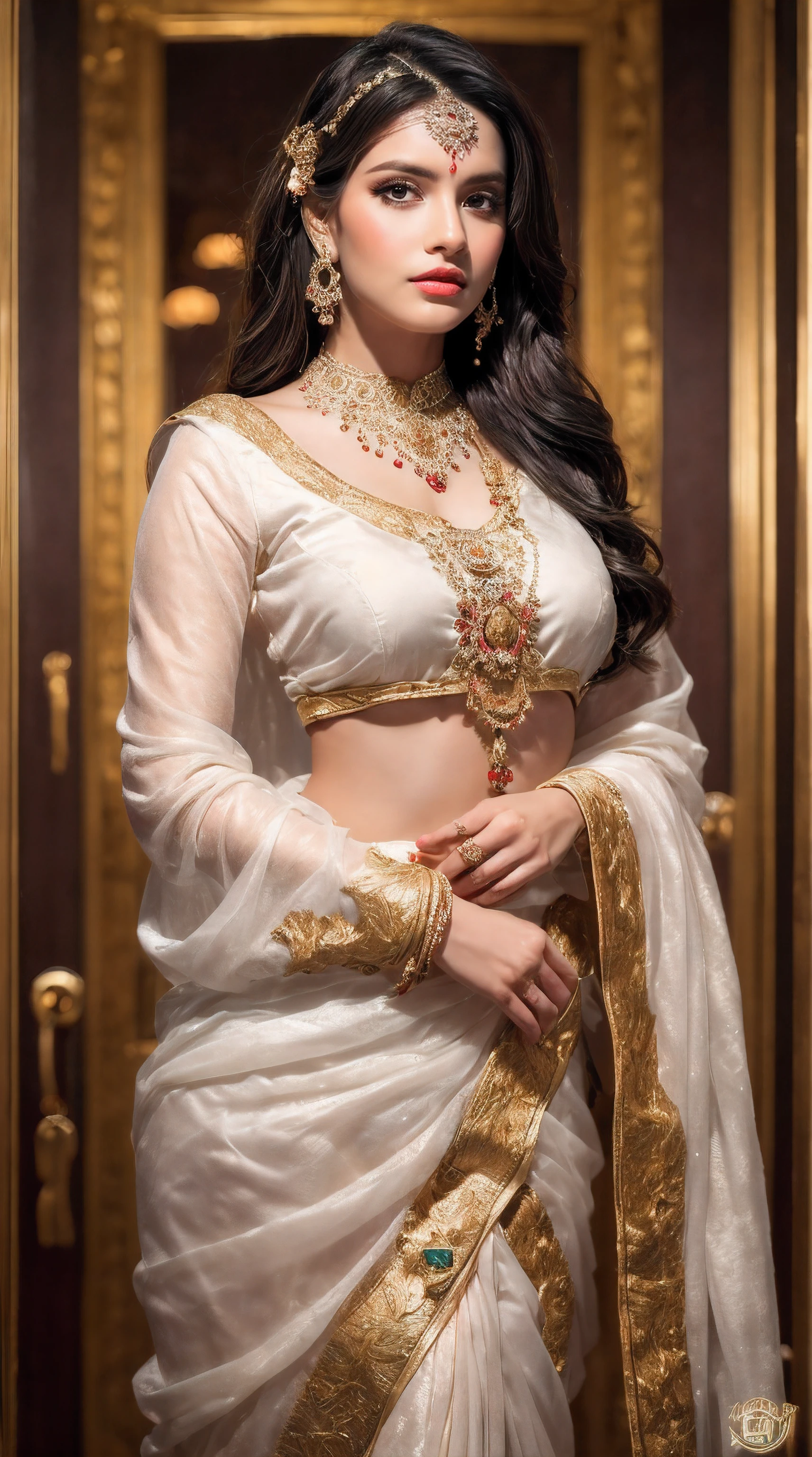 ((Best quality, 8k, Masterpiece :1.3)), Sharp focus :1.2, Generate a realistic image of a beautiful sexy Indian woman dressed in a white Kasava saree, adorned with traditional ornaments, standing in a well-lit room with cinematic lighting. ((Front view, random elegant pose)), and there is a sense of grace and elegance in her posture. The background should complement the scene, enhancing the overall aesthetic appeal of the image. Photography by Brandon Woelfel, Full shot: Canon EF 16-35mm f/2.8L III USM lens on a Canon EOS 5D Mark IV camera, ultra realistic, 32k, HD
