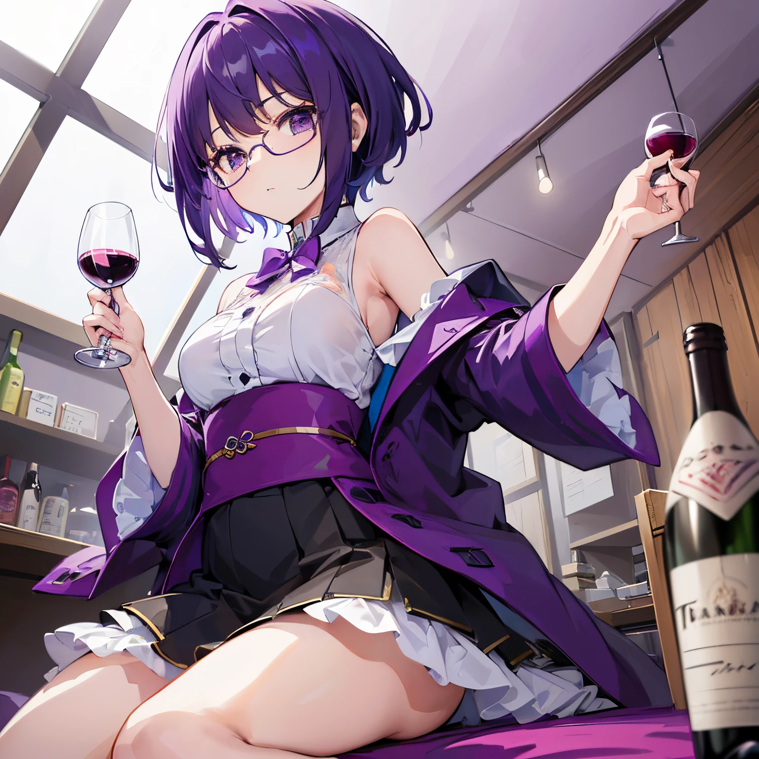((tmasterpiece,4k wallpaper,best qualtiy))、((girl with1a person))、(独奏)、Brilliant,(Purple hair)、short-cut、(wine glasses:1.3)