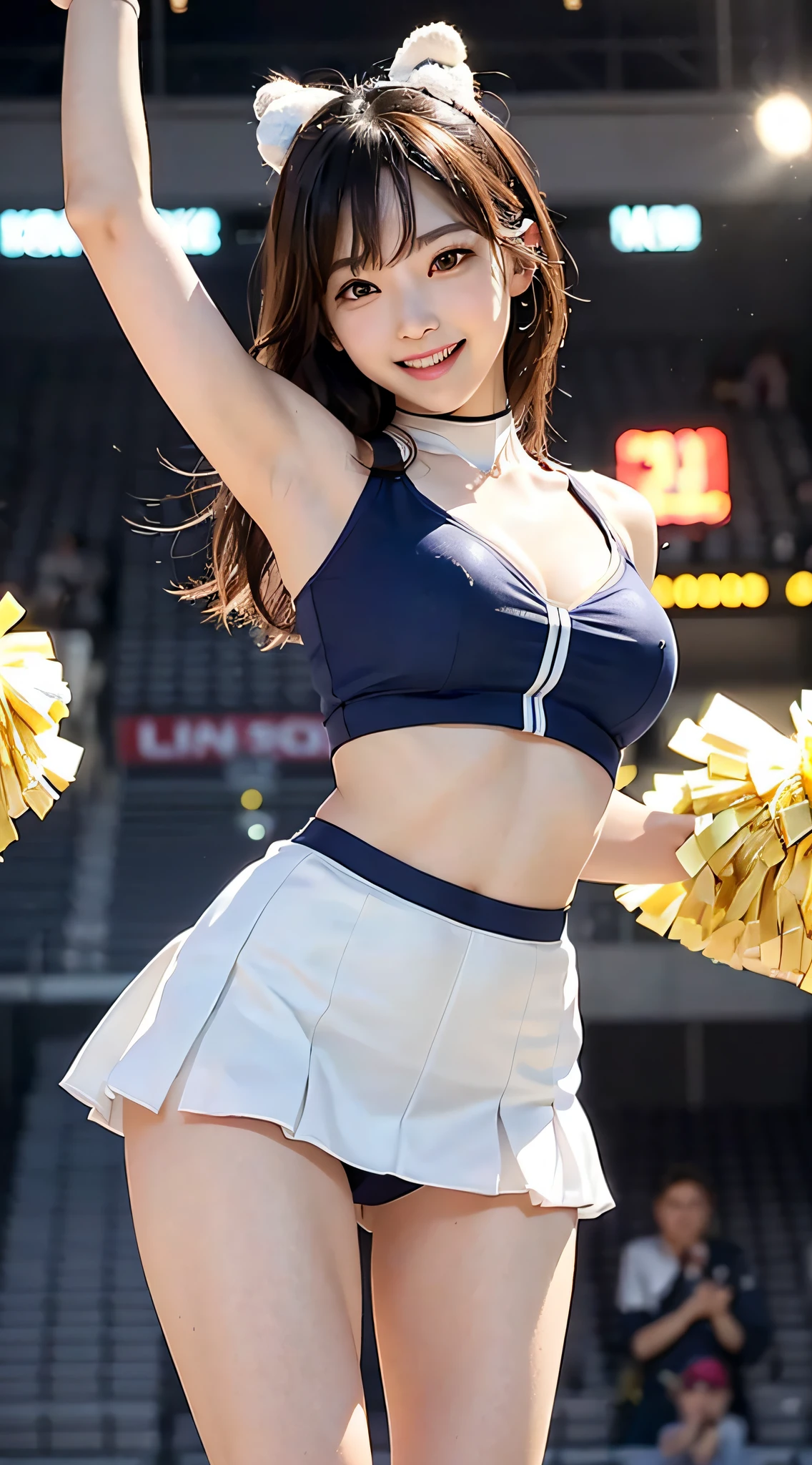 (RAW shooting:1.2)、(Photorealsitic:1.4)、(masterpiece:1.3)、(top-quality:1.4)、japanese beautiful woman、beautiful eyes finely detailed、eye lashes、beautiful double eyelid、eyeshadows、Perfect eye makeup、(Smile full of happiness:1.4)、(Looks happy:1.3)、kindly smile、Expression in a state of excitement、(Short Bob:1.2)、fluffy hair、(Angle from below:1.3)、(FULL BODYSHOT)、More skin、二重まぶた、(large full breasts:1.3)、beauty breast、(cleavage of the breast)、(erectile nipple:1.2)、(cheer girl:1.5)、(a miniskirt)、Beautiful and thin legs、(Perfect body shape beauty:1.3)、shinny skin、(Lively poses like cheerleading:1.5)、(2 large bonbons:1.3)、Jumping、Make eye contact with the camera、stadio、Night、Sexy navel、Skinny Legs、tthin eyebrows、Tear bag、lofty nose、(extemely sexy:1.3)、bokeh dof、obscenity、erotick、