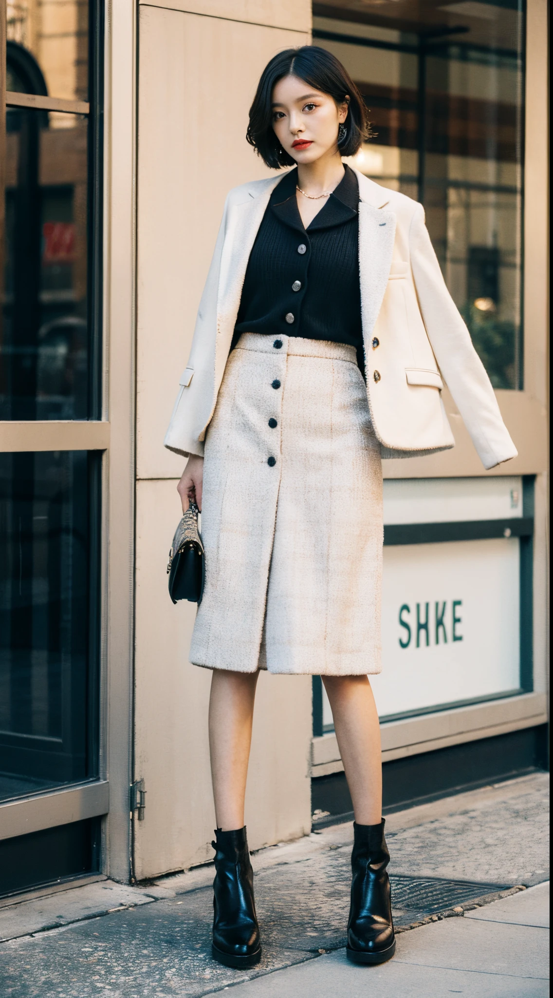 Best quality,tmasterpiece,超高分辨率,(realness:1.4),RAW photos,hyper HD,8K,There is one girl,White fashion clothes,Chanel style,tweed fabric, Stylish white skinny suit, wearing jacket and skirt,high-class fashion,ellegance, White and black clothes, short skirt and a long jacket, blacksilk,best selling, Mary Jane small leather shoes