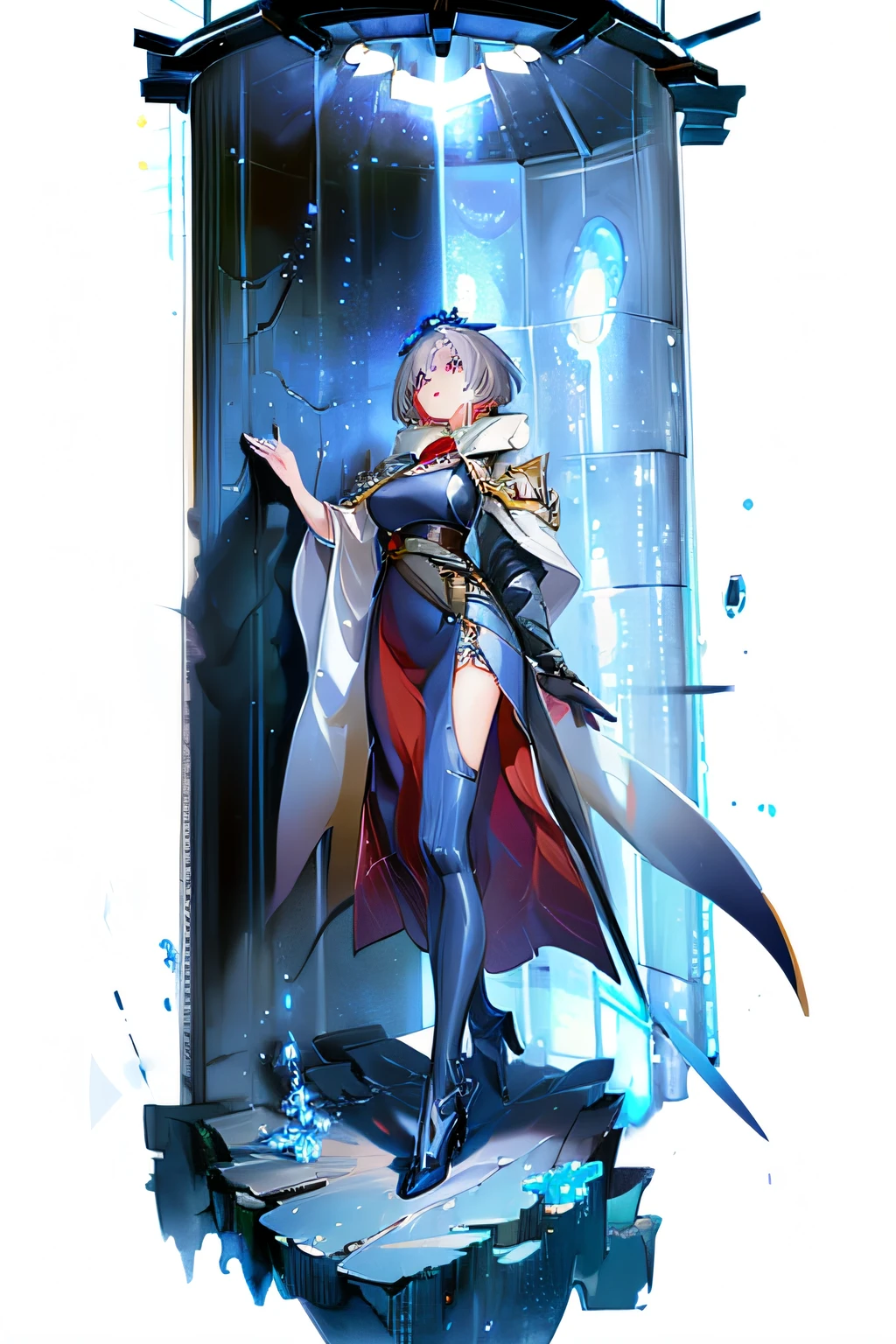 [(white background:1.5), ::2]1girl, tall, full body, big breasts, silver hair, short hair, tight space suit, long skirt, red tighrs, high heels, magical dress, blue eyes, confident pose, confident face expression, detailed face, smile, blue toned clothing, bright red tones, red lips, solo, mid shot, full body, spaceship, sci-fi interior, milky way, big window, stars, bright light, (masterpiece:1.5), (best quality:1.2), (beautiful background:1.3), detailed background, detailed beautiful face, (rain:0,6)