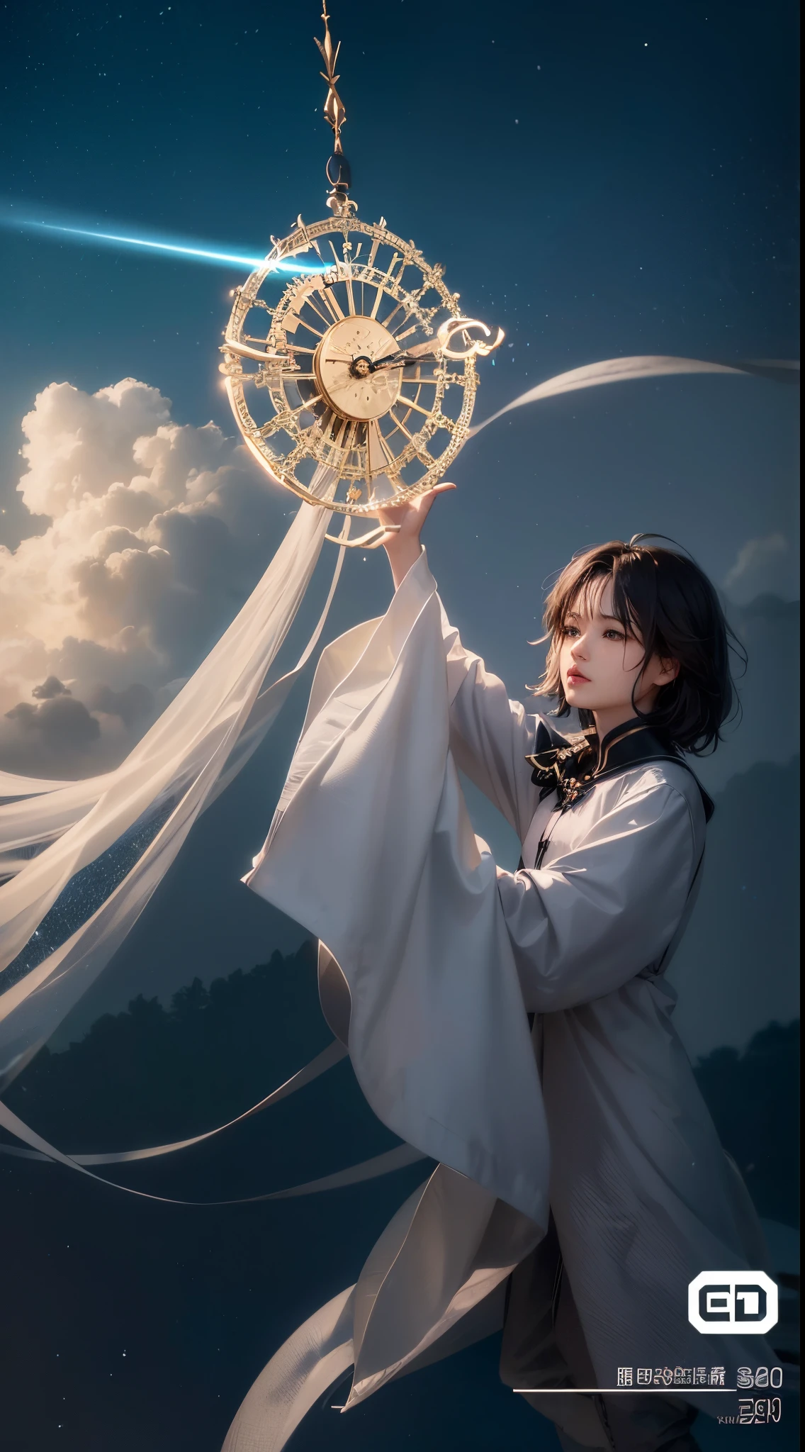 There is a clock on a pole in the sky, unwind, Popular topics on cgstation, cai xukun, infinite space clock background, Cloudy, astral clockwork, Magical and dreamy atmosphere, ☁🌪🌙👩🏾, Magical realism style, Calm and mysterious atmosphere, Memories are trapped in eternity, 2 0 2 0 s promotional art
