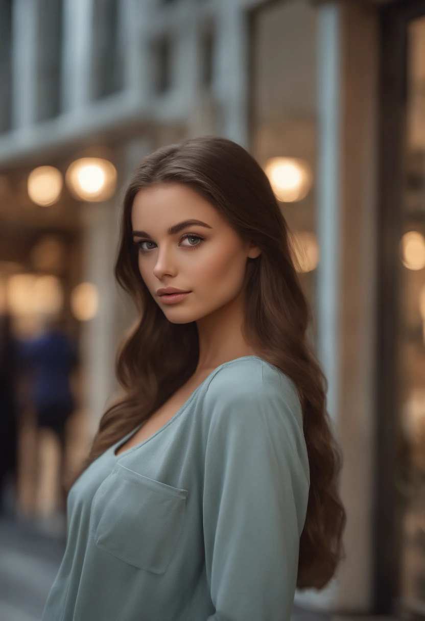 arafed woman fully , sexy girl with brown eyes, ultra realistic, meticulously detailed, portrait sophie mudd, brown hair and large eyes, selfie of a young woman, violet myers, without makeup, natural makeup, looking directly at the camera, face with artgram, subtle makeup, stunning full body, standing, in shopping mall, medium to large size bust
