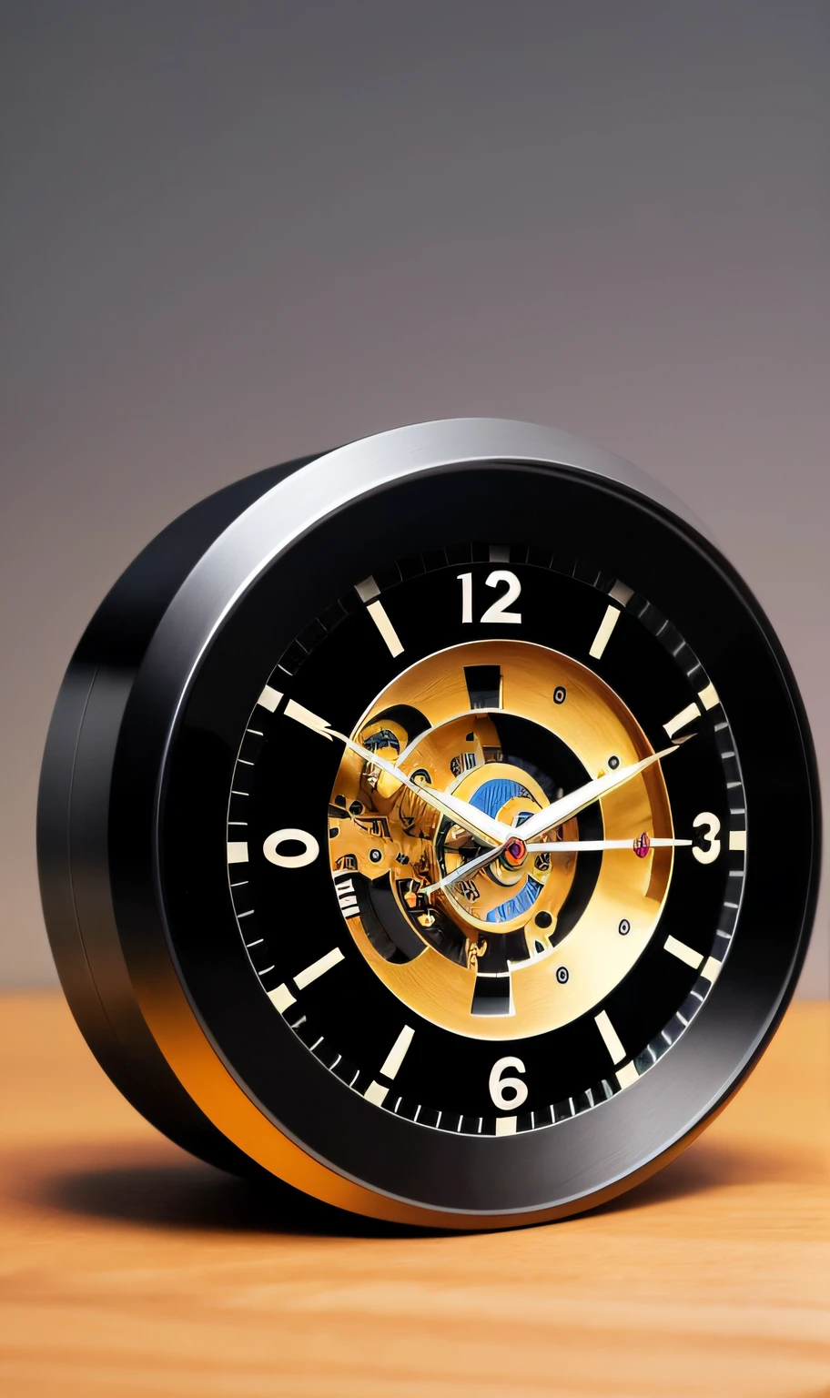 Visualize a distorted clock or watch, symbolizing time dilation near a black hole, with seconds stretching or bending