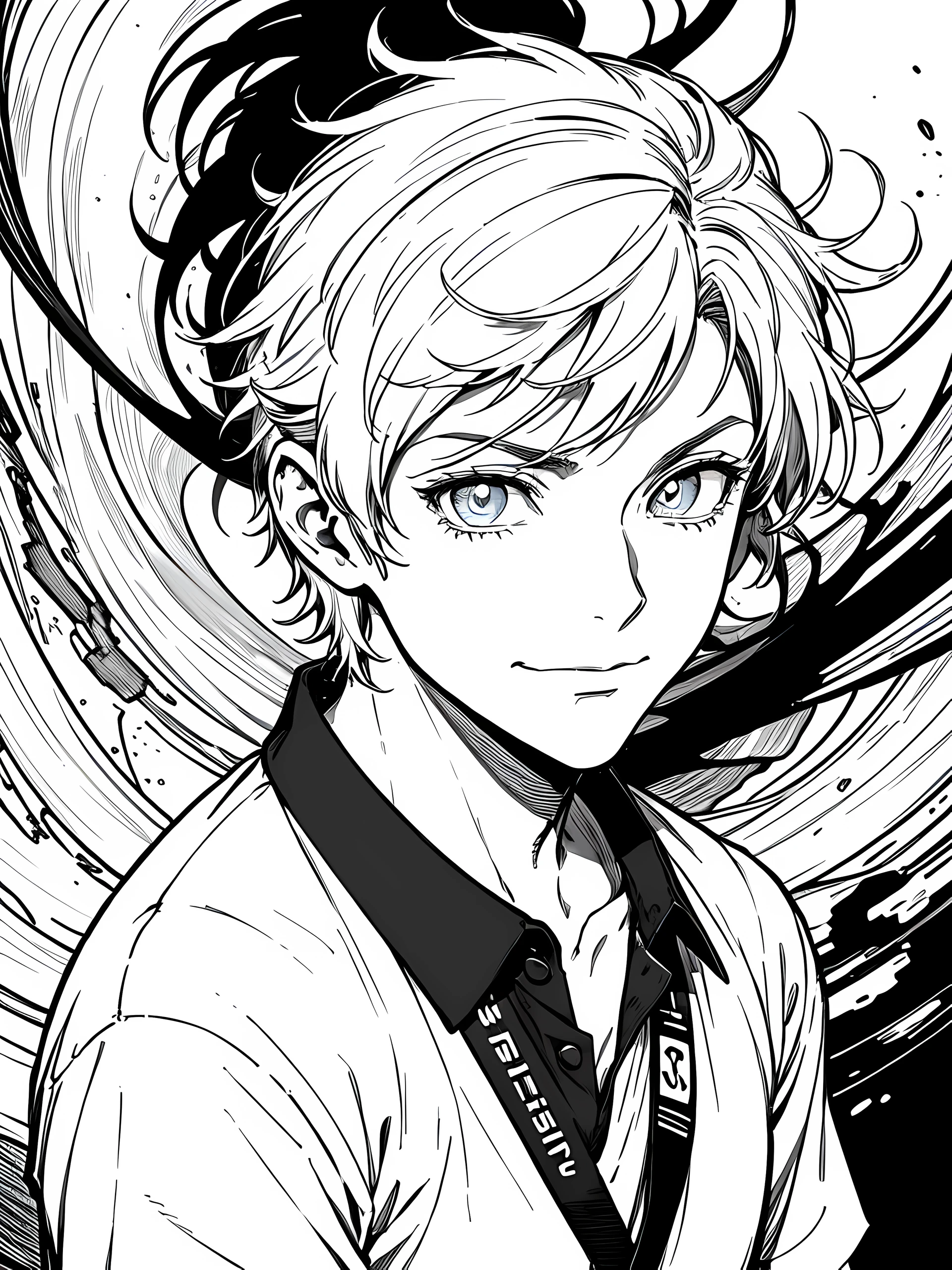 man, male, age 18, solo, face captured, close up, looking at the camera, body towards camera, facing camera, serious eyes, calming face, slightly smile mouth, speaking mouth, wearing polo, wearing ID sling, wearing lanyard, ID holder, lineart, manga, manga art, comic, black and white art, monochrome, room background, clear background, white background