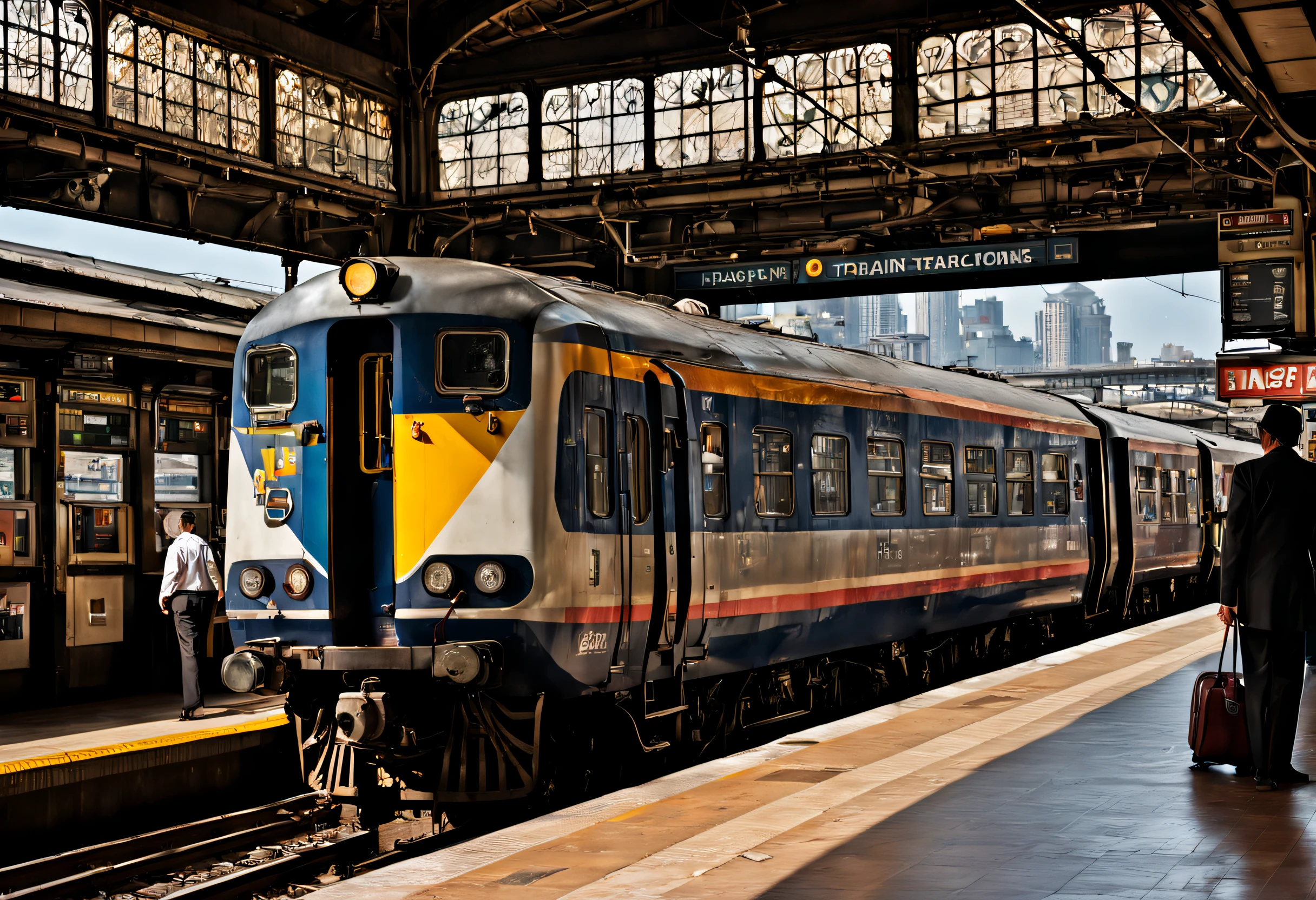 (a train stopped at a station),vibrant colors,sunlight streaming through the windows,crowded platform,passengers waiting anxiously,dirty tracks,flashing departure sign,station clock ticking,bricks and concrete,pigeons perching on the roof,ticket machines,black locomotive engine,hissing steam,detailed train carriages,people rushing to catch their trains,rusty railroad tracks,announcement speakers echoing through the station,train conductor checking tickets,passenger's luggage,platform filled with bustling activity,station signage,train's wheels screeching,subway entrance,platform bench,train timetable,refreshment vendors,kiosks selling magazines and newspapers,clean platform floor,distant city skyline