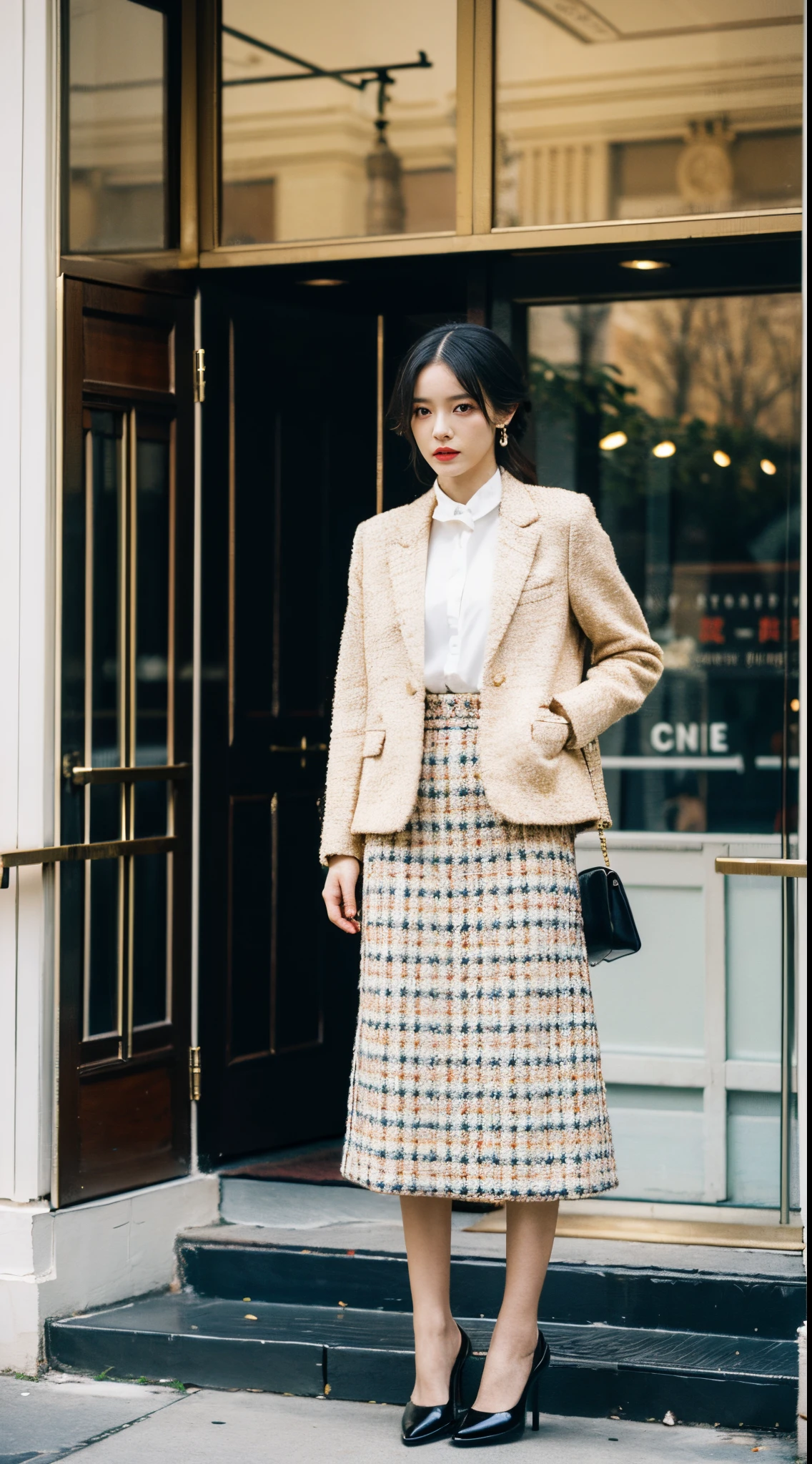 Best quality at best,tmasterpiece,超高分辨率,(realness:1.4),RAW photogr,hyper HD，8K，There is one girl，White fashion clothes,Chanel style，tweed fabric， Stylish white skinny suit, wearing jacket and skirt,high-class fashion，ellegance, White and black clothes, short skirt and a long jacket, blacksilk，best selling, Mary Jane small leather shoes