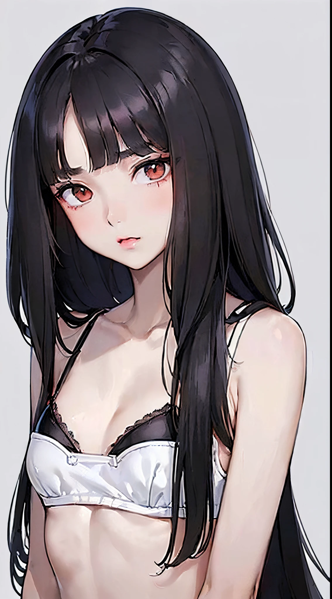 (Long Black Hair:1.5)　(Girl with flat chest:1.5) (short bangs:1.5)　(well-groomed hair:1.5) (flat breast:1.5)　(small tits:1.5)　(Black sexy bra:1.5)　(Upper body only:1.5)　(front-facing view:1.5) (Look at viewers:1.5)　(white backgrounid:1.5)