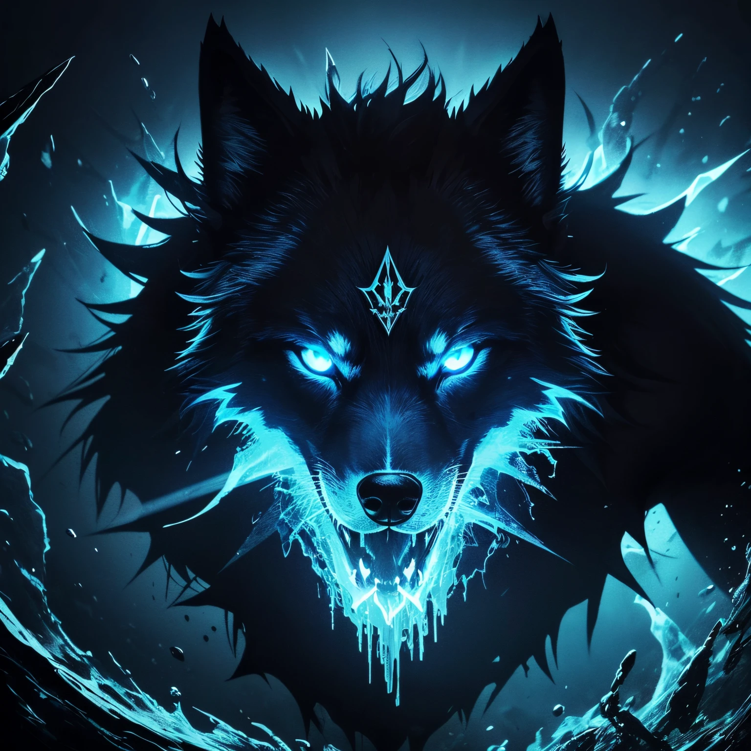 Splash frame T-shirt print design of a dark themed gothic Ragnarok black wolf head, rich deep colour palette and lighting from one side with light blue fade background and claw splashes on bottom