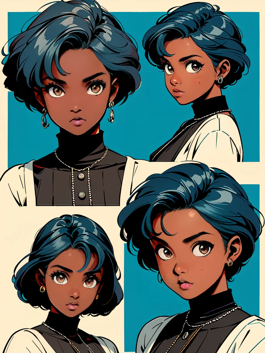 A girl, 1girl, ((15 year old)),(( dark skin:1.0)), sky-blue hair, brown eyes, head character sheet, different head positions, different facial expressions, fashion hairstyles, head turnaround, vintage horror, 1940s, shapes, gothic, vintage, sexy, anime style, (clear background:1.0),(( consistent character:1.0)),(( consistent skin colour:1.0)), ((coloured))