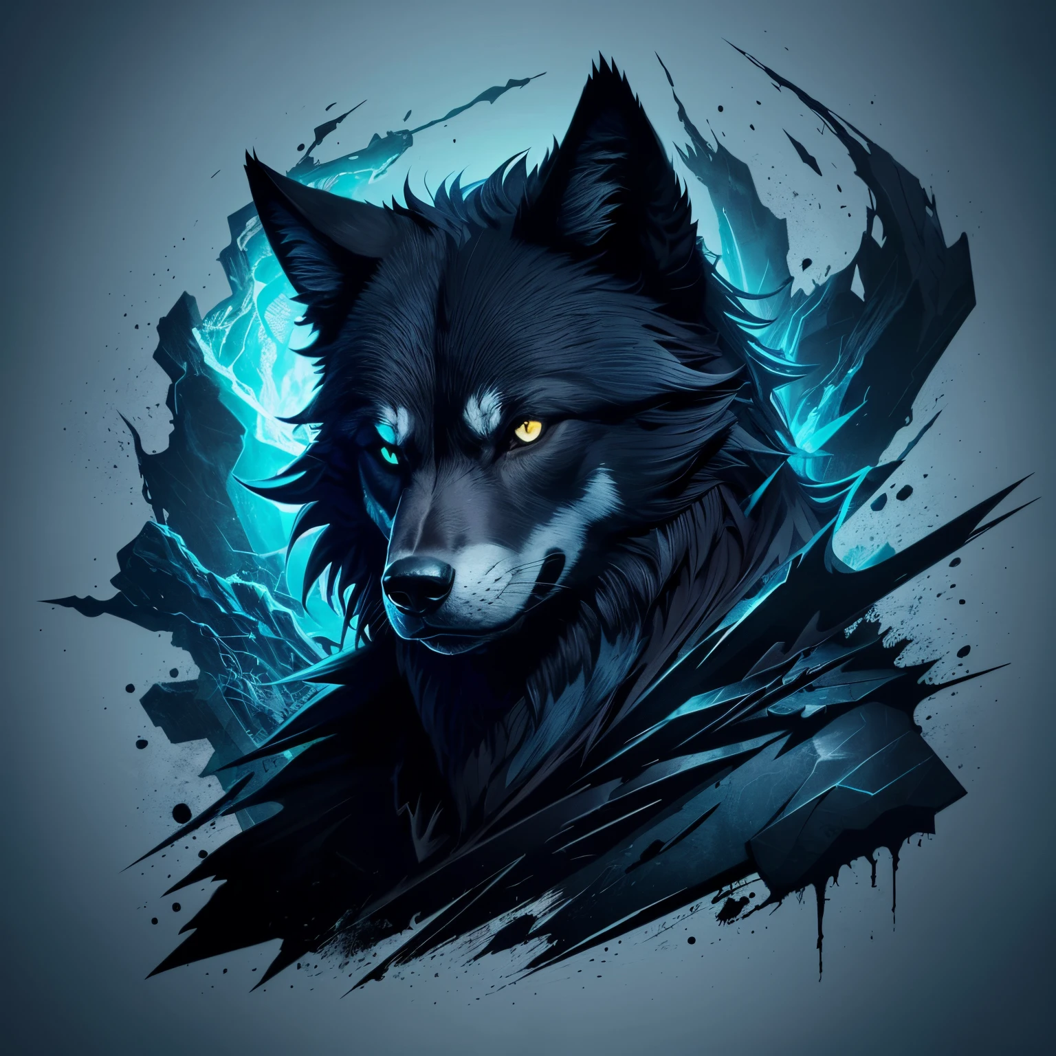 Splash frame T-shirt print design of a dark themed gothic Ragnarok black wolf head, rich deep colour palette and lighting from one side with light blue fade background and claw splashes on bottom