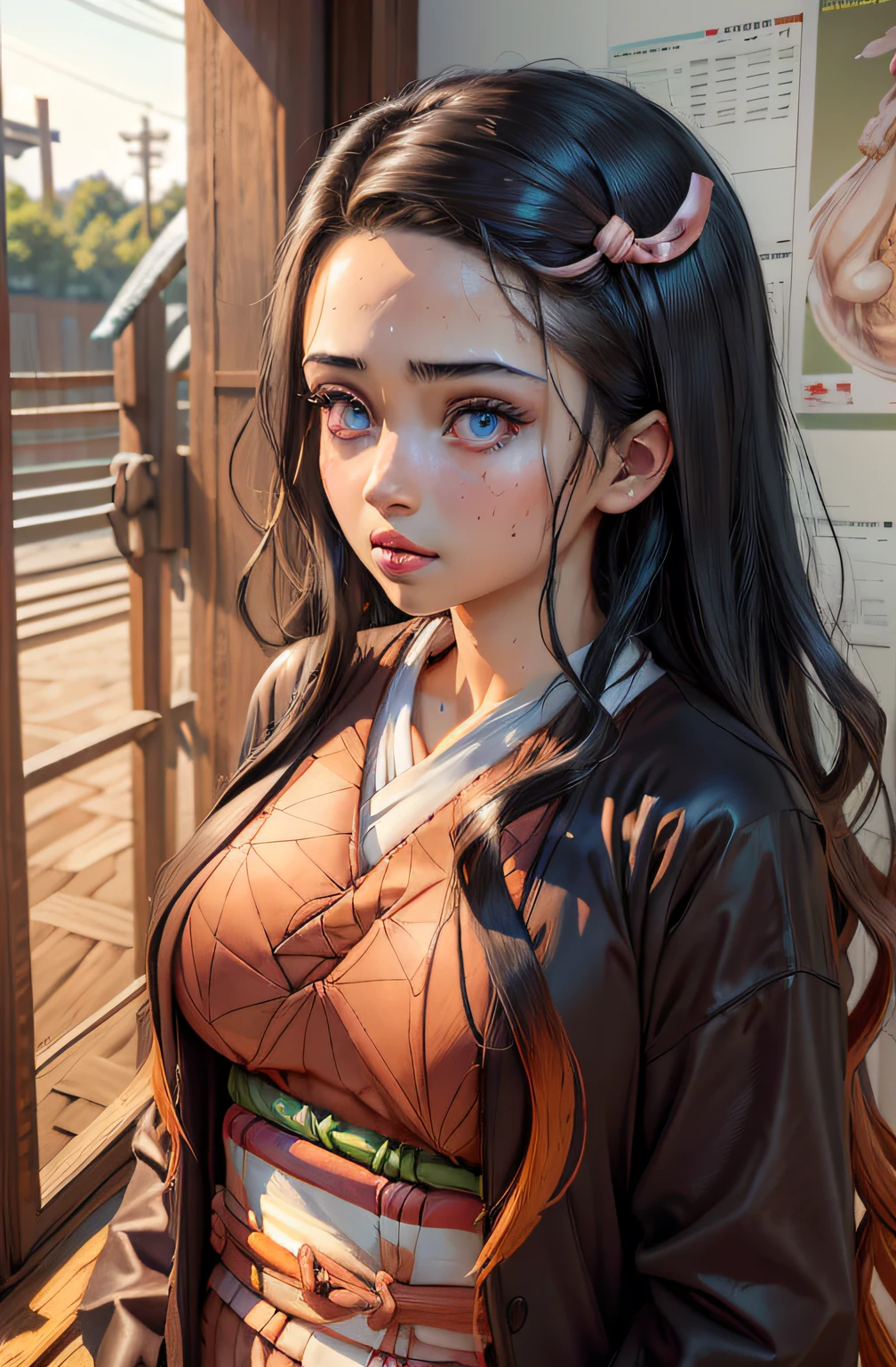 (Ultra Real), (Illustration), (High Resolution), (8K), (Very Detailed), (Best Illustration), (Beautiful Detailed Eyes), (Best Quality), (Ultra Detailed), (Masterpiece), (Wallpaper), (Detailed Face), Night Up Upper Body, Ice Cream,Long Hair,Solo,Simple Kimono Top Girl, Sweaty, Japan Person, Big Tits, (Camel Toe) Nezuko Kamado,