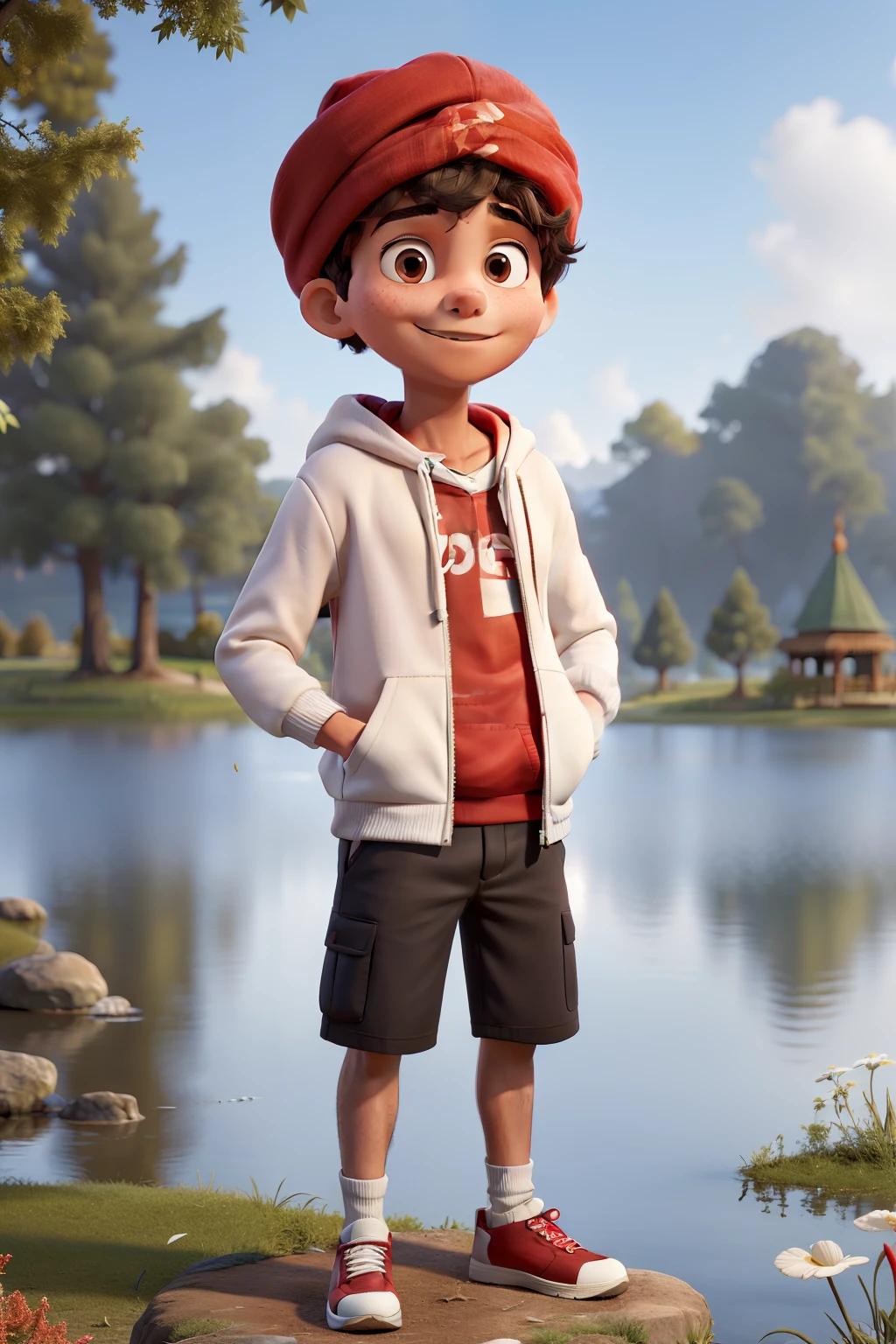 masterpiece, best quality,boy with red turban wearing white hoodie and standing at the park background lake