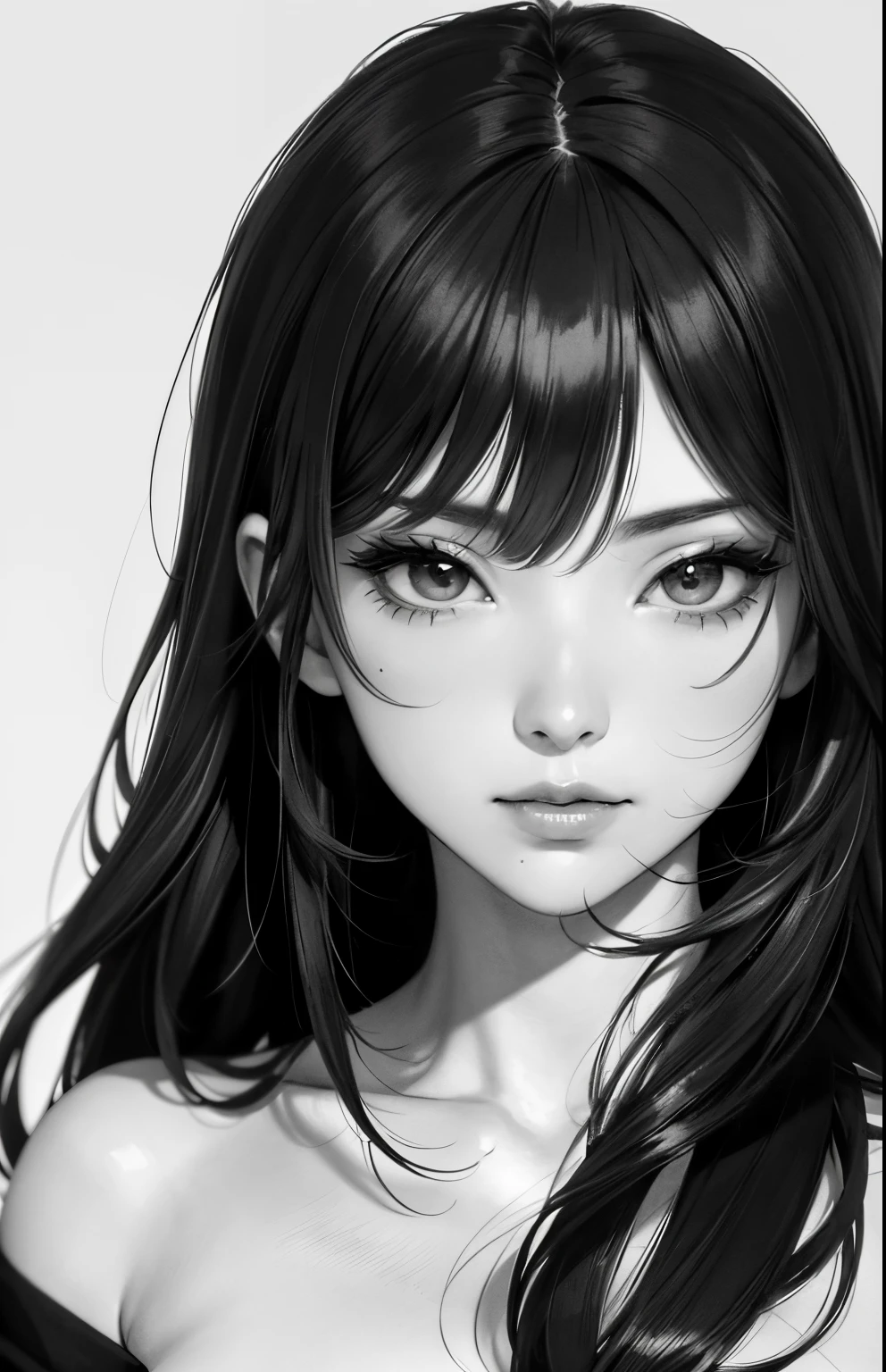 Monochrome grayscale, masterpiece、top-quality、hight resolution、High-quality images、8K, 1 woman、skin gloss、Texture of skin and clothing、Detailed eye expression、Lustrous hair、pencil painting、Drawing of a girl with long hair, Manga inspired by Lee Jong-suk, trending on deviantart, Realism, detailed manga style, manga art style, perfect lineart, beautiful line art, ((black and white manga style, in style of manga, Pencil drawing)), comic drawing style, beautiful drawing style, high quality sketch art, High quality sketching, digital manga art girl, kpop idol, t-shirt, detailed brown eyes, plump lips, detailed gorgeous face, (cute smile), view from viewer, medium breasts, flirtatious look, seductive, ((very detailed)), (perfectly detailed face), (well detailed hand) photorealistic image, japanese hime cut hairstyle, cowboy shot