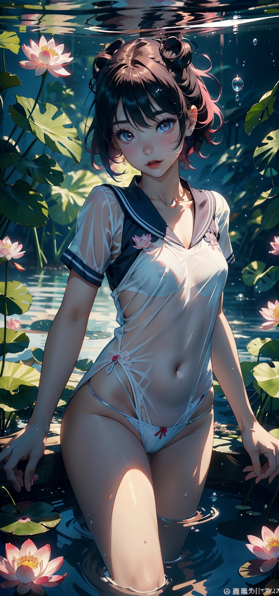 small li（Background with：ponds，cherry blossom forest，lotus flower）Lie underwater， She has short pink hair，seen from the front，， The sky is mostly cloudy，（（（tmasterpiece），（Very detailed CG unified 8k wallpaper），Best quality，电影灯光，detailed back ground，美丽细致的眼睛，Bright pupils，黑The eye，Snow-whiteskin，Redlip（Very delicate and beautiful），（Beautiful and detailed eyes description），ultra - detailed，tmasterpiece，））facing at the camera，A high resolution，ultra - detailed），Expose breasts exposed，Bare genitals， legs are open，Camel toes，longing unsatisfied，（dressed in：，See-through sailor suit，）