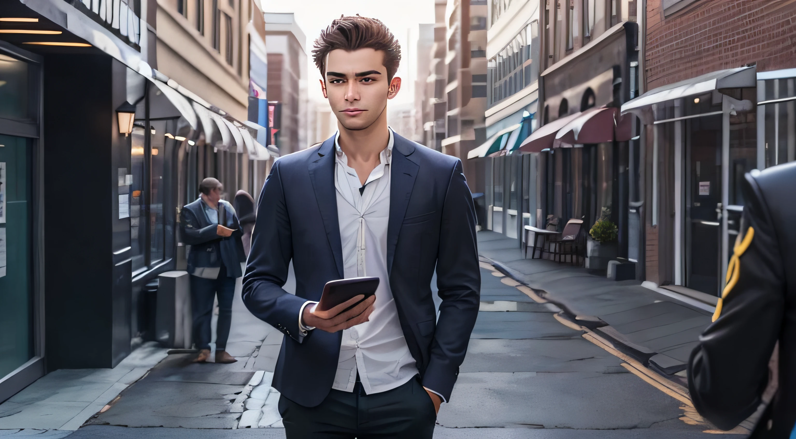 In front of a business center, a young European man in his 30s wearing a jacket and holding an iPhone. He is being filmed by a girl on her iPhone, which she holds horizontally