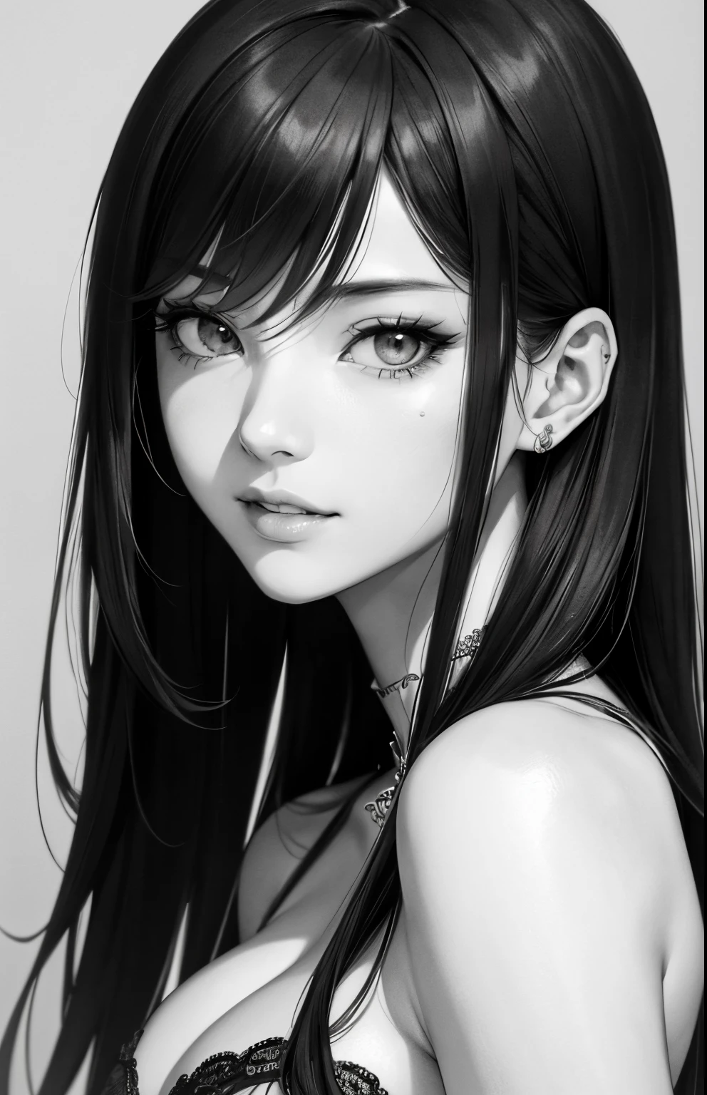Monochrome grayscale, masterpiece、top-quality、hight resolution、High-quality images、8K, 1 woman、skin gloss、Texture of skin and clothing、Detailed eye expression、Lustrous hair、pencil painting、Drawing of a girl with long hair, Manga inspired by Lee Jong-suk, trending on deviantart, Realism, detailed manga style, manga art style, perfect lineart, beautiful line art, ((black and white manga style, in style of manga, Pencil drawing)), comic drawing style, beautiful drawing style, high quality sketch art, High quality sketching, digital manga art girl, kpop idol, t-shirt, detailed brown eyes, plump lips, detailed gorgeous face, (cute smile), view from viewer, medium breasts, flirtatious look, seductive, ((very detailed)), (perfectly detailed face), (well detailed hand) photorealistic image, japanese hime cut hairstyle, cowboy shot