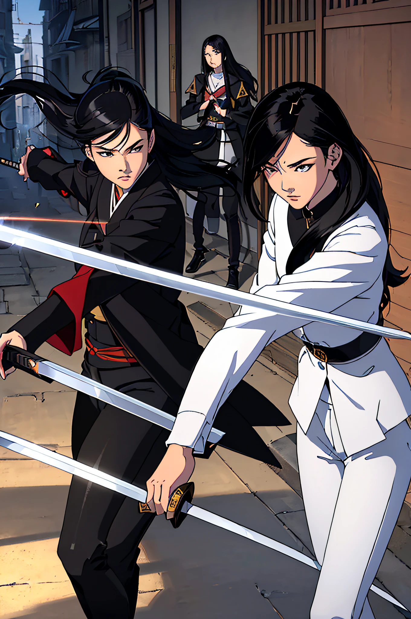 top-quality、Top image quality、​masterpiece、hiquality、Beautiful Art、masutepiece、visualart、depth of fields、femele((15yo student、A slender、Black jacket、White pants、Medium bust、shoot lasers from the eyes、Japanese Katana Sword、Long black hair)),Background with((shopping street、battle field、)),