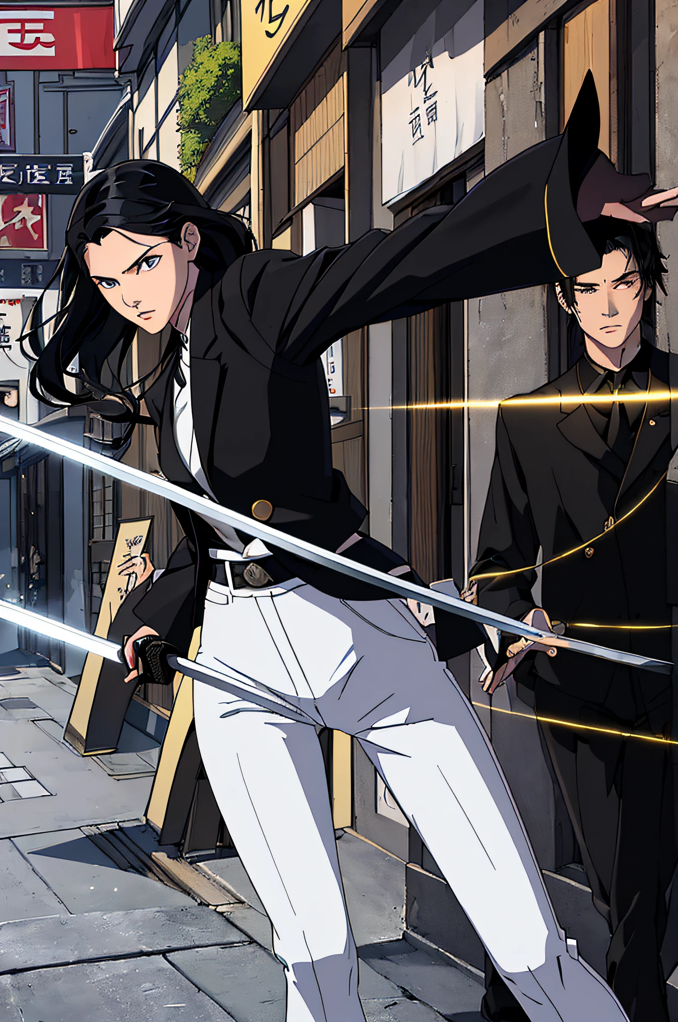 top-quality、Top image quality、masterpiece、hiquality、Beautiful Art、masutepiece、visualart、depth of fields、femele((15yo student、A slender、Black jacket、White pants、Medium bust、shoot lasers from the eyes、Japanese Katana Sword、Long black hair)),Background with((shopping street、battle field、)),