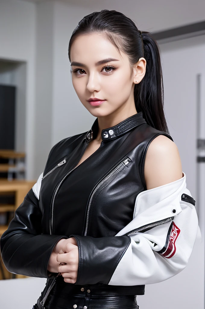 ((masterpiece)), ((best quality)), (ultra-detailed), ((sexy)), (ero), full body focus, laboratory, a pretty woman, solo, leather jacket, beautiful black hair, beautiful black eyes, ((beautiful eyes)), ponytail, triumphant look, smug look, self-satisfied look