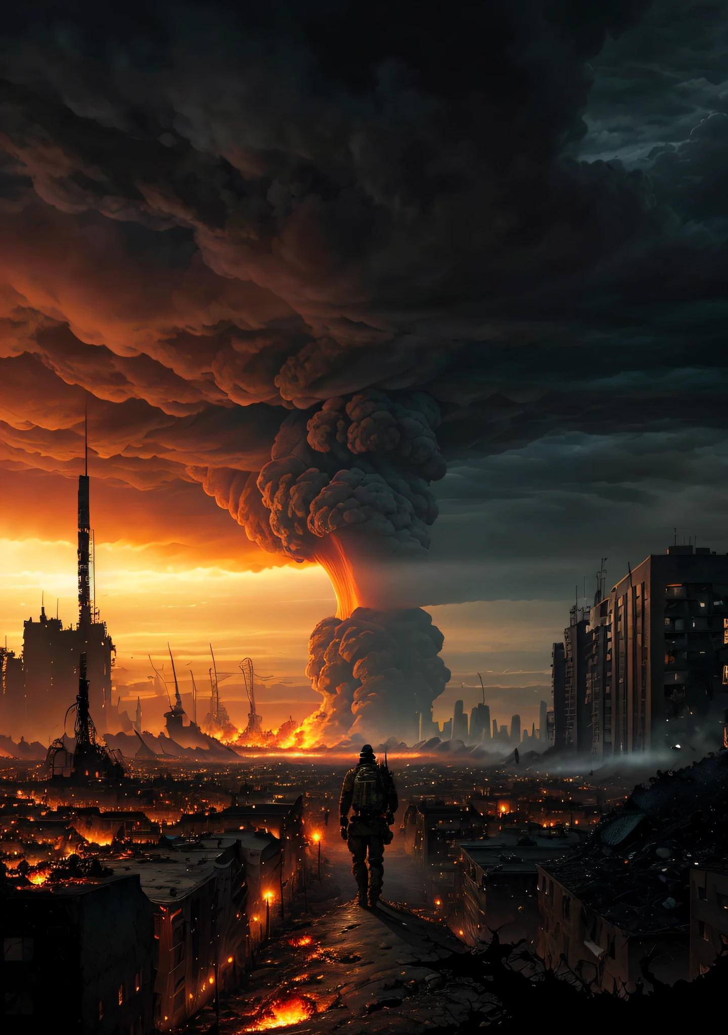Arafad image of a man walking on a city street, Armageddon background, Realistic apocalyptic war scenario, Doomsday scenario, apocalyptic atmosphere, apocalyptic art, Ominous apocalyptic background, apocalyptic city backround, ( apocalyptic ) 8K, Armageddon 8K, Armageddon 8K, post apocalyptic atmosphere, Doomsday setting, apocalyptic environment, apocalyptic scenery, The apocalyptic city, Armageddontic events,Armageddon,Destroy the world,Environmental damage,Ruined city,the fire,deathia,Nuclear explosion