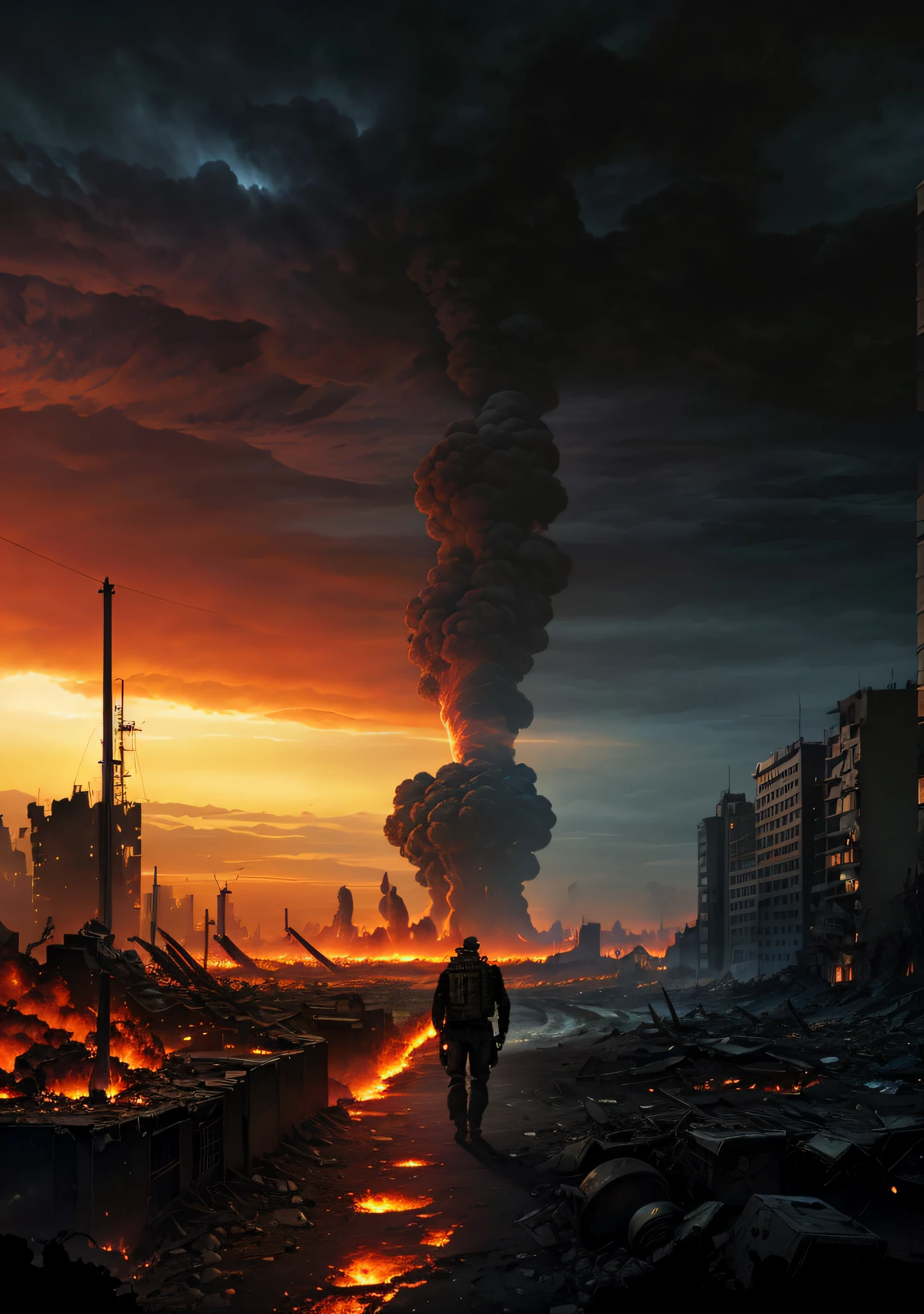 Arafad image of a man walking on a city street, Armageddon background, Realistic apocalyptic war scenario, Doomsday scenario, apocalyptic atmosphere, apocalyptic art, Ominous apocalyptic background, apocalyptic city backround, ( apocalyptic ) 8K, Armageddon 8K, Armageddon 8K, post apocalyptic atmosphere, Doomsday setting, apocalyptic environment, apocalyptic scenery, The apocalyptic city, Armageddontic events，Armageddon，Destroy the world，Environmental damage，Ruined city，the fire，deathia，Nuclear explosion