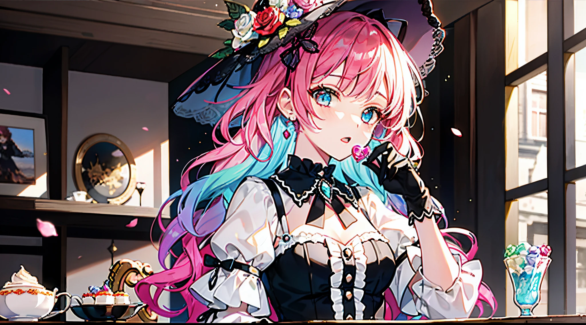 1girl, extreme detail, lolita, lolita fashion, frills, intricate and gorgeous, gloves, afternoon tea, ponette hat, curly hair, macarons, cream, colorful, pink hair, blue hair, gradient pick dye, candy, shiny crystal, shiny, light particles, dynamic pose, dramatic composition, candy hair accessories, colorful dresses, pearls, flowers, embroidery, gem-set