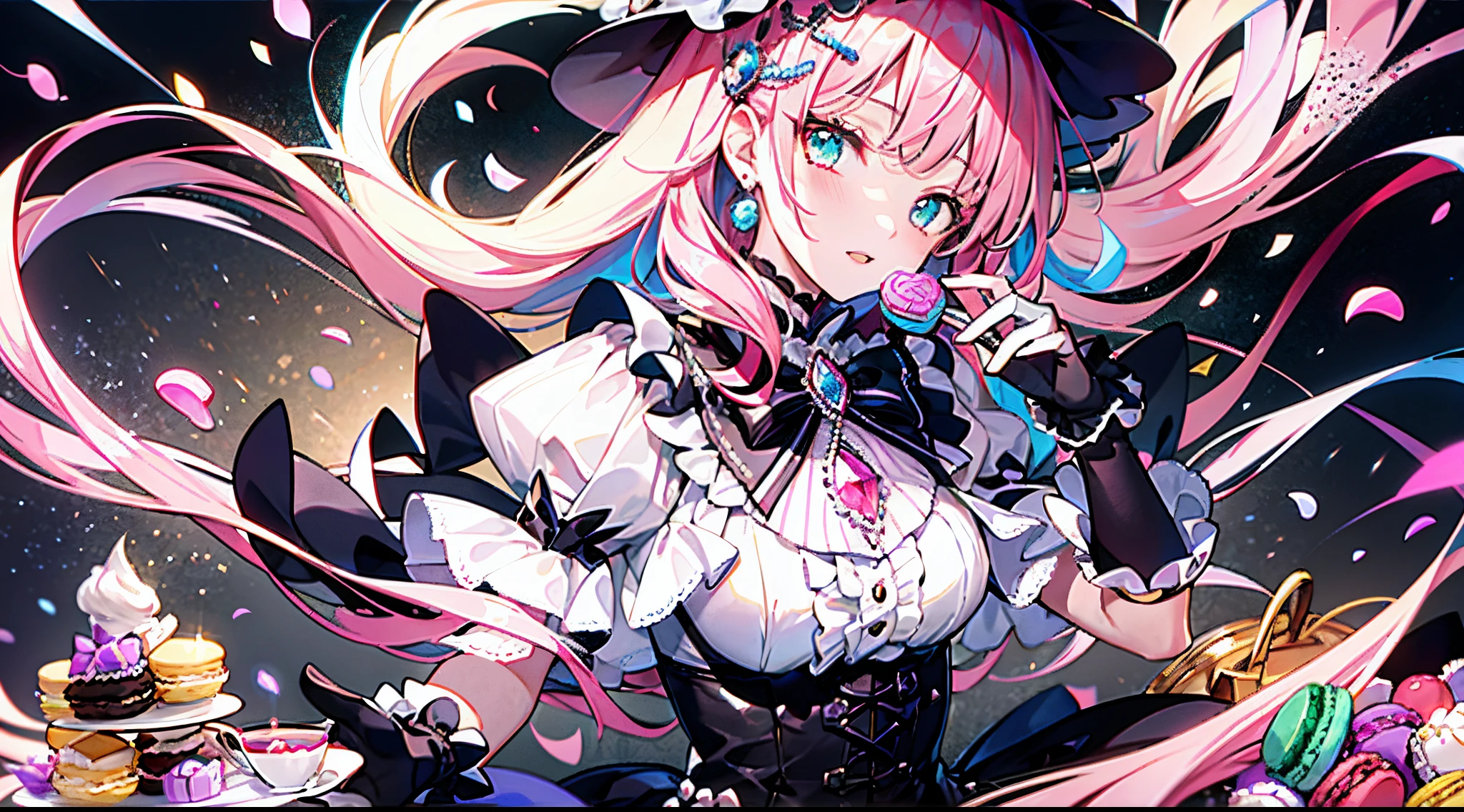 1girl, extreme detail, lolita, lolita fashion, frills, intricate and gorgeous, gloves, afternoon tea, ponette hat, curly hair, macarons, cream, colorful, pink hair, blue hair, gradient pick dye, candy, shiny crystal, shiny, light particles, dynamic pose, dramatic composition, candy hair accessories, colorful dresses, pearls, flowers, embroidery, gem-set