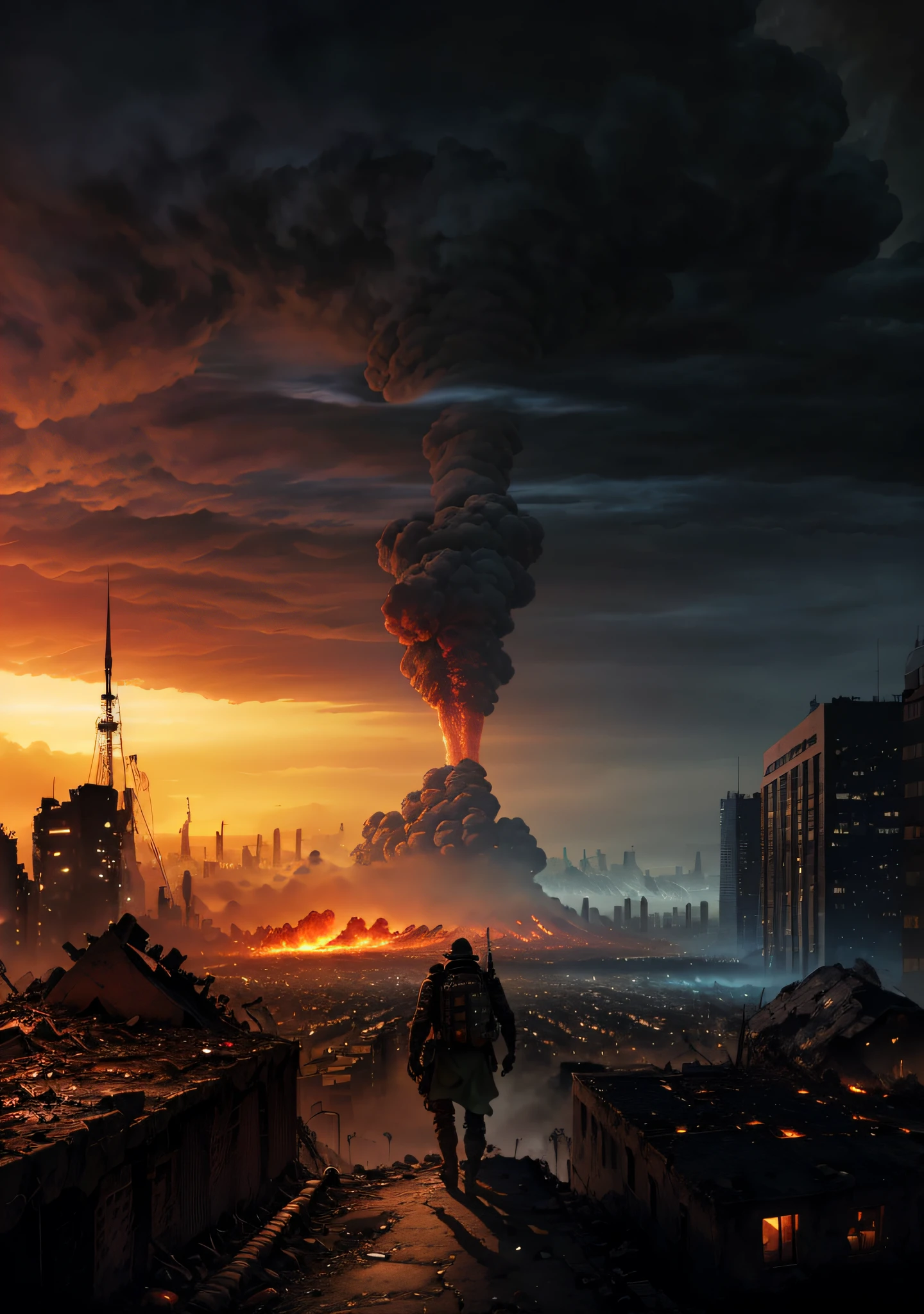 Arafad image of a man walking on a city street, Armageddon background, Realistic apocalyptic war scenario, Doomsday scenario, apocalyptic atmosphere, apocalyptic art, Ominous apocalyptic background, apocalyptic city backround, ( apocalyptic ) 8K, Armageddon 8K, Armageddon 8K, post apocalyptic atmosphere, Doomsday setting, apocalyptic environment, apocalyptic scenery, The apocalyptic city, Armageddontic events，Armageddon，Destroy the world，Environmental damage，Ruined city，the fire，deathia，Nuclear explosion