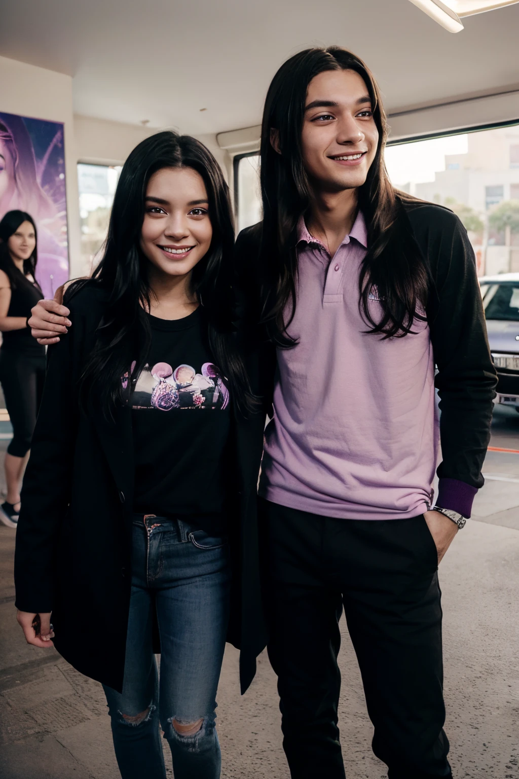 couple  inside car.girl is wearing pastel purple colour over coat and black colour skinny.boy wearing red colour polo t-shirt .both are smiling .girl have black colour long hair.Boy have black colour hair.boys stearing wheel in  right hand.disney pixar anime.
