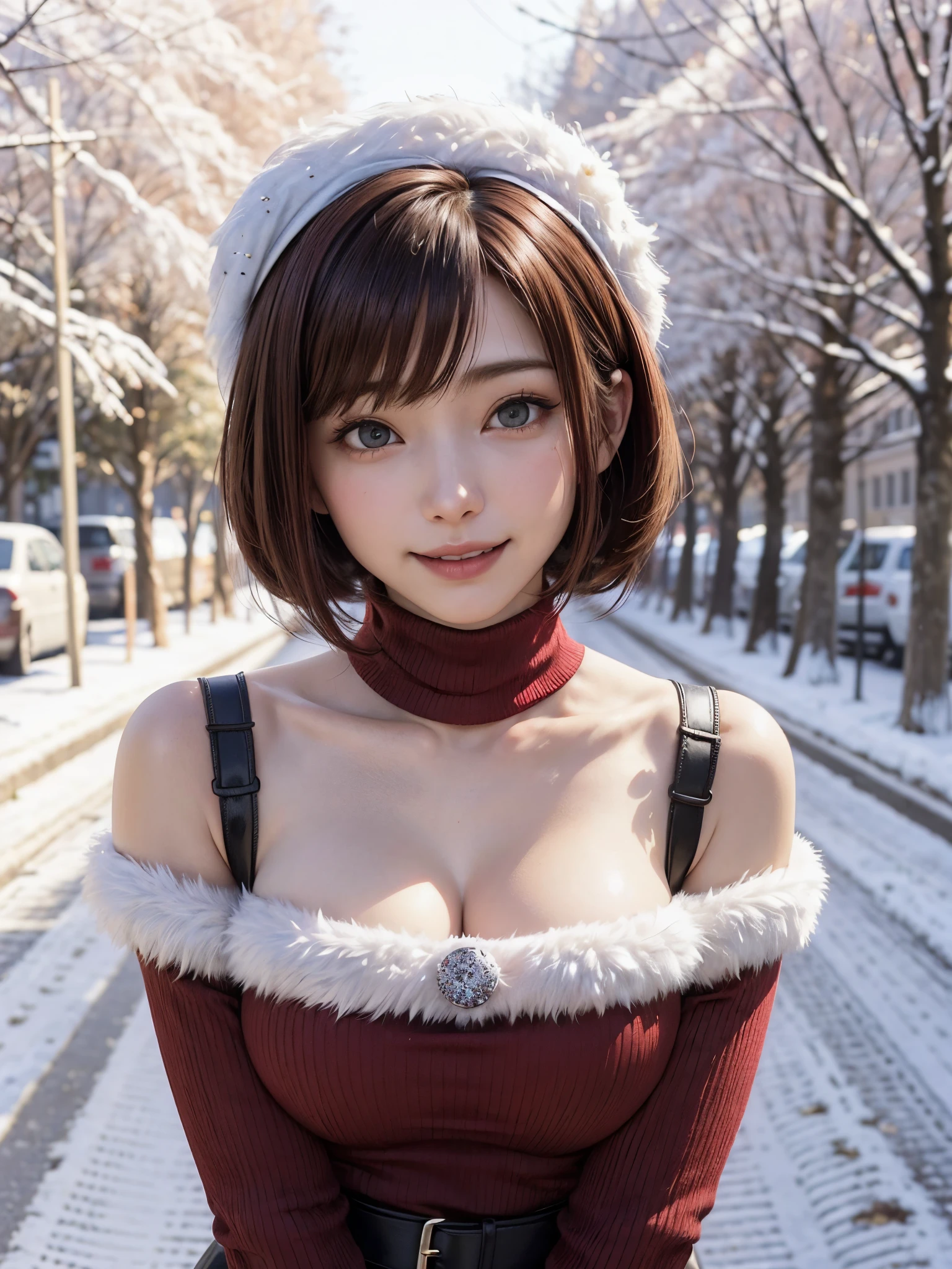 (masutepiece:1.4, top-quality、Very attractive adult beauty with a very cute smile:1.4、Add intense highlights to the eyes:1.4、Look firmly at the camera、Put your right hand on your chest、Beautiful woman full of adult charm:1.4),1girl in, 独奏, Light brown shiny hair, muffler,Santa Claus hat:1.4,realisitic, looking at the viewers, Bright colored crystal light blue eyes:1.4, short shiny hair, Santa Claus Starneck Knit、 Red and white costume of Santa Claus in a turtleneck with a round hole in the center of the chest:1.4,Sexy red and white turtleneck knit sweater with round hole in the center of chest:1.4、 s lips, lipgloss:1.4,bangss, The upper part of the body、big eye、Lashes、The face is a little red:1.4、Embarrassing)、((Canada's tree-lined streets in winter:1.4))、((Brunette short bob hair with bangs、big eye、Put very strong highlights in your students:1.4、{Gigantic|Big|Huge|Mega} breasts:1.4、very Bigger breasts、gazing at viewer、Very beautiful beauty、Put your ears out:1.4、long neck:1.4、little smiling、Beautiful teeth、Open your mouth and smile:1.4))、28 year old:1.4、Very cute supermodel:1.4、