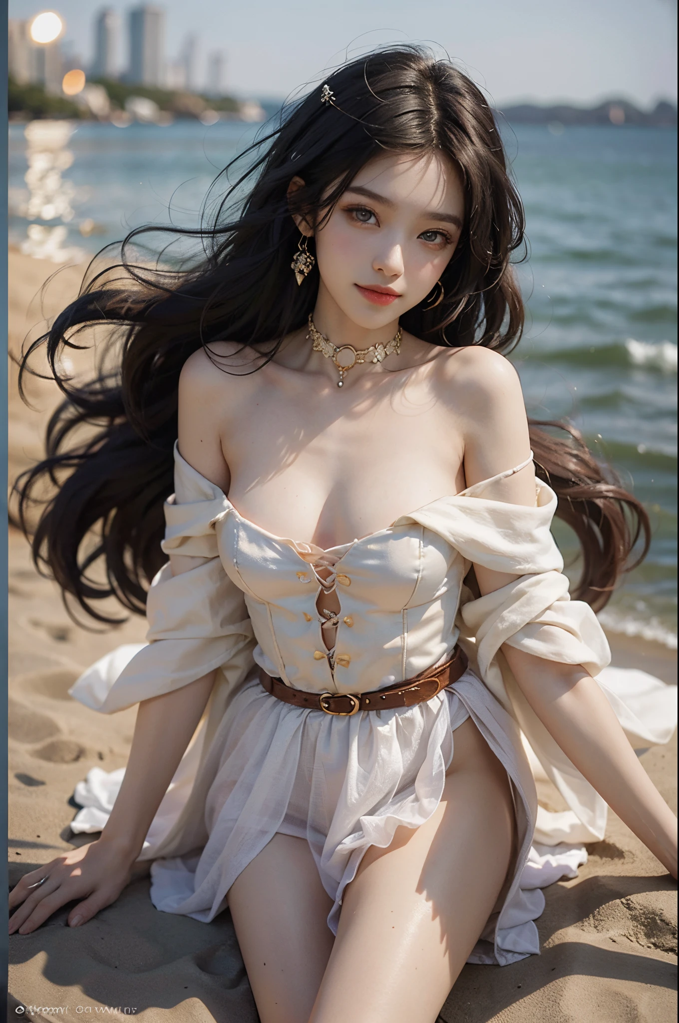 ((realistic)), a young girl, beautiful age girl, White gauze dress, draped in silk, Floral, high-waist, Nice belt, cropped shoulders, slim, Slimming the waist, high-heels, Shy, grin, 耳Nipple Ring、choker necklace、Hairpins,Heavy makeup,Gorgeous eye makeup,extremely beautiful eyes, golden hair, curlies, Long flowing hair, early evening, eventide, beachside, On the beach, walking in sea water, Flirting skirts, Ruffle your hair, posed for photo, posing elegantly, Random shooting angle, warm lights, a warm color palette, Professional lighting, フォトンマッピング, ラジオシティ, Physically-based rendering, RAW photos, Best quality, beauitful face, Beautiful skins, Attractive, 超高分辨率, ultra real photo